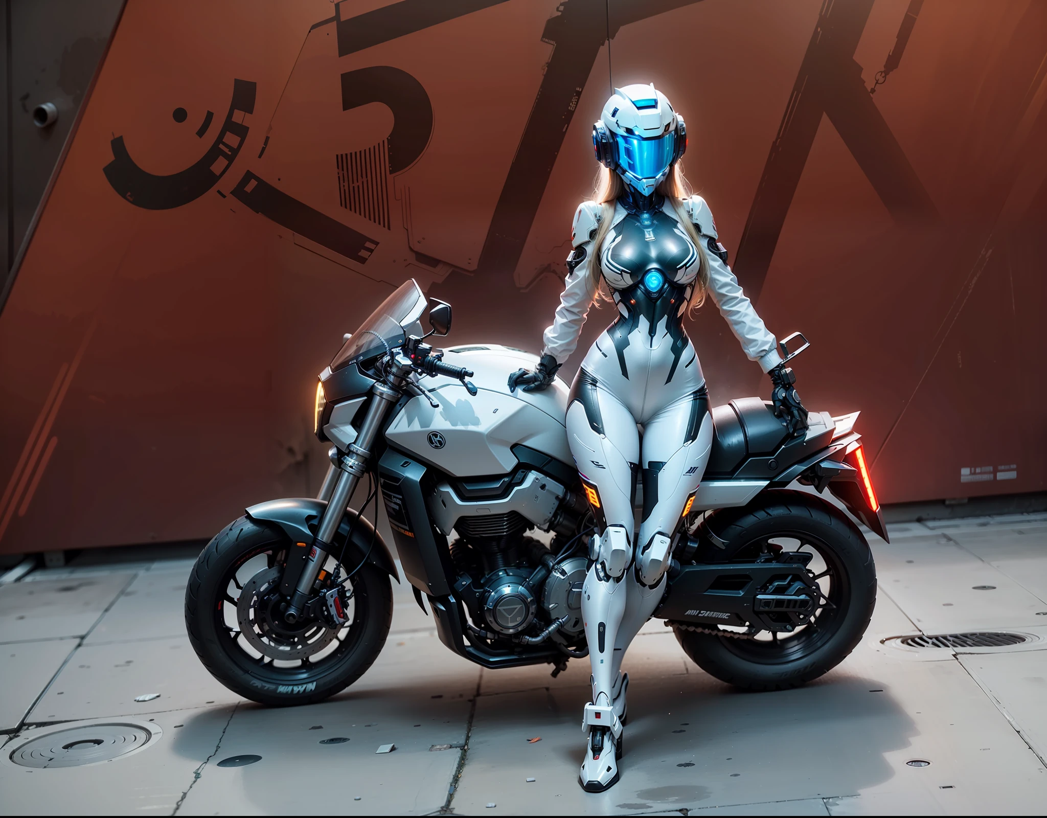 Sexy Cyber Warrior，Long flowing blonde hair，White cyberpunk high-tech mech costume，White cyberpunk faceless helmet，Biomechanicals， MSHN Robot Woman，High-tech helmet，hyper realisitc， Steel， Complex design， insanely details， finely detailled， Extremely clear lines， cinmatic lighting， photograph realistic， A detailed masterpiece