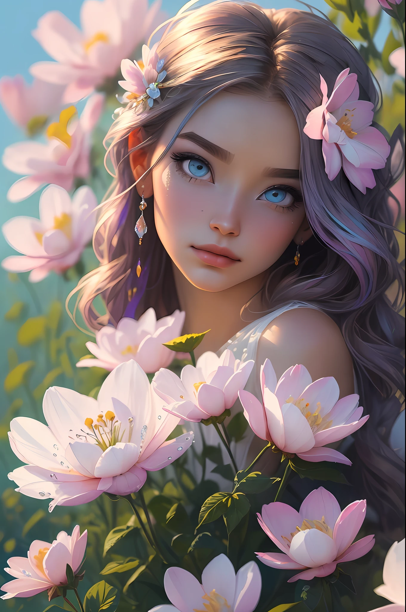 The colors in this image are soft and draw inspiration from gentle watercolors and should be primarily pink. Generate a delicate and tranquil flower princess with soft hair dancing in the wind and intricately braided. Her sweet face has puffy, kissable lips and stunning, highly realistic eyes. She has beautiful eyes, hires eyes, 8k eyes, beautiful detail eyes, beautiful detailed eyes, realistically shaded eyes, and realistic eyes in vibrant colors. She is wearing delicately detailed fabric of gossamer silk and satin. Small pink gemstones and cream pearls detail her clothing. She sits in the midst of the most beautiful meadow in the world and is surrounded by beautiful flowers of varying sizes and colors. The background is wild and unruly, with delicate flowers dancing in the wind and creating a dynamic and compelling image. An ornately flowered headdress adorns her head and soft petals fall around her. The flowers are realistic and very detailed and come in different shapes and sizes, some with iridescence and others with varying shades of pink and blue. Include a soft watercolor sky. The background is wild, with delicate flowers dancing in the wind and colorful pollen filling the air. Include realistic hair and skin texture. Include fantasy details, enhanced details, iridescence, colorful glittering wind, and pollen. Pay special attention to her face and make sure it is beautifully and realistically detailed. The image should be dreamy and ethereal. Include intricate fantasy details. 8k, intricate, elegant, highly detailed, majestic, digital photography, art by artgerm and ruan jia and greg rutkowski surreal painting pearl butterfly filigree, flower petals, (masterpiece, finely detailed beautiful eyes: 1.2), hdr, realistic skin texture, ((ornate)), ((intricate)), ((fantasy00d:1.2)), rays of light, (add details), (add more details), highly detailed, ornate flowers, dew drops, sunlight, rays of sun