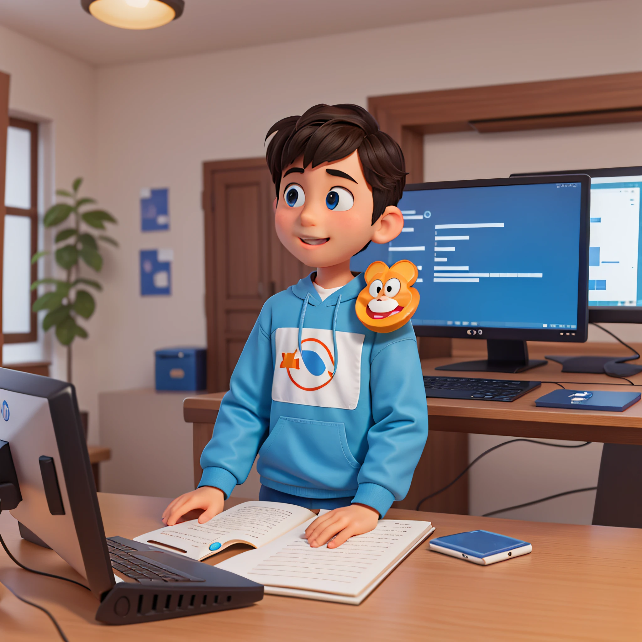 1 boy, a university student programming on a computer, university student, a friendly appearance, Disney style, cartoon style