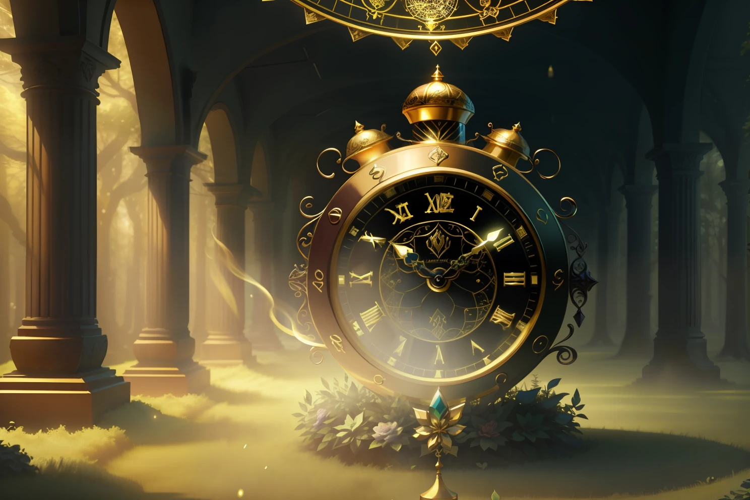 photo of a large hand holding an antique gold watch, monstro, magia-fantasia-floresta, arte digital, most amazing art in the world, ((sem humanos)), Light Volumetric, cores suaves equilibradas, forest scenario, videiras, uhd, render de octanas 8k, magica, Awesome, ethereal, intrincado, design intrincado, ultra sharp, sombras, cores mais frias, trend in CGSociety, ((melhor qualidade)), ((obra-prima)), (detalhado), Antique clock