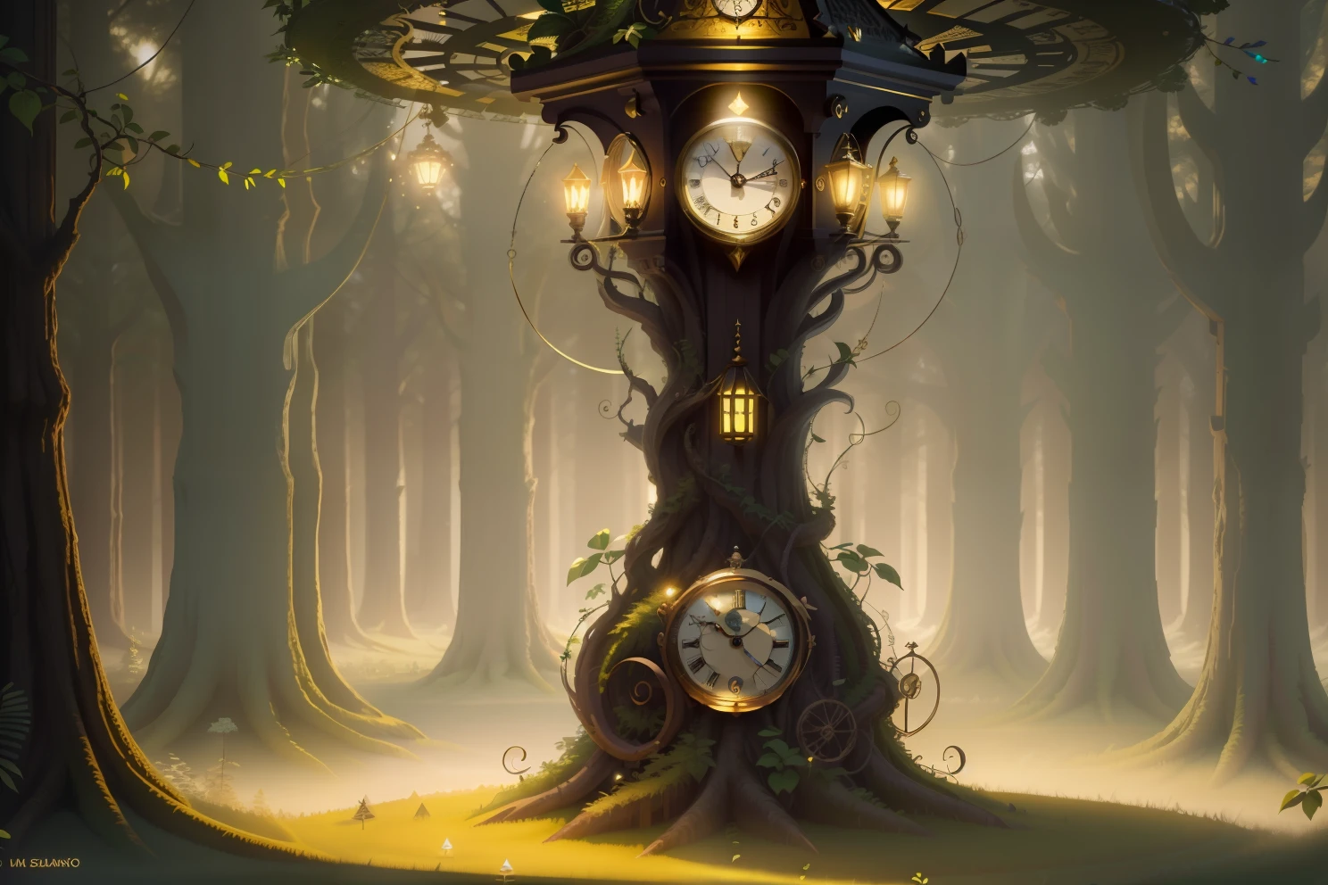 photo of a large hand holding an antique gold watch, monstro, magia-fantasia-floresta, arte digital, most amazing art in the world, ((sem humanos)), Light Volumetric, cores suaves equilibradas, forest scenario, videiras, uhd, render de octanas 8k, magica, Awesome, ethereal, intrincado, design intrincado, ultra sharp, sombras, cores mais frias, trend in CGSociety, ((melhor qualidade)), ((obra-prima)), (detalhado), Antique clock