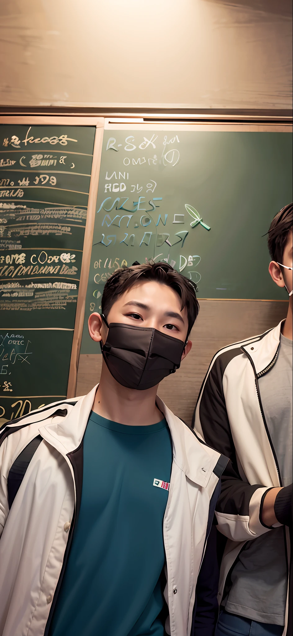 Two boys wearing masks stand in front of the blackboard, Cai Xukun, yanjun cheng, 1 7 - year - old boy thin face, Student, wearing face mask, inspired by Chen Chi, wearing face mask, smooth in _ Background with, Inspired by Bian Shoumin, one single mask, inspired by Chen Daofu, with two characters, Teacher