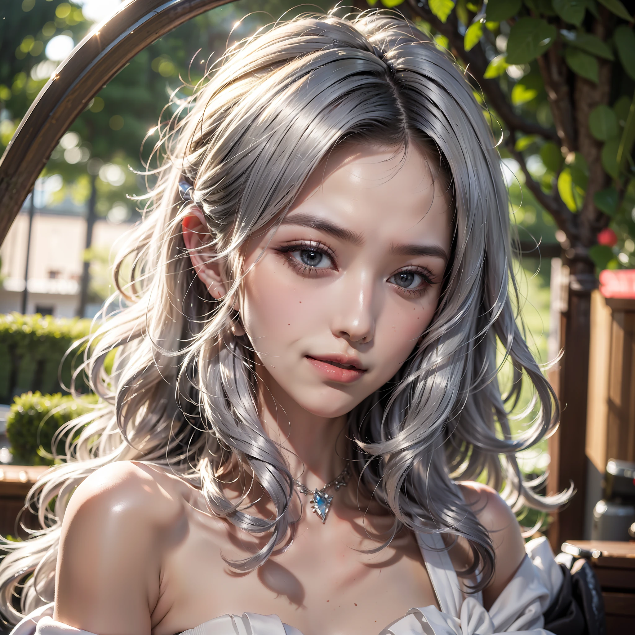 silver hair, hair over shoulder, wavy hair, hairpin, hair bow, diamond-shaped pupils, smile, shy, Art Deco, high detail, Renaissance, chiaroscuro, ray tracing, reflection light, silhouette, bust chart, wide shot, UHD, masterpiece, textured skin, super detail, best quality, highres
