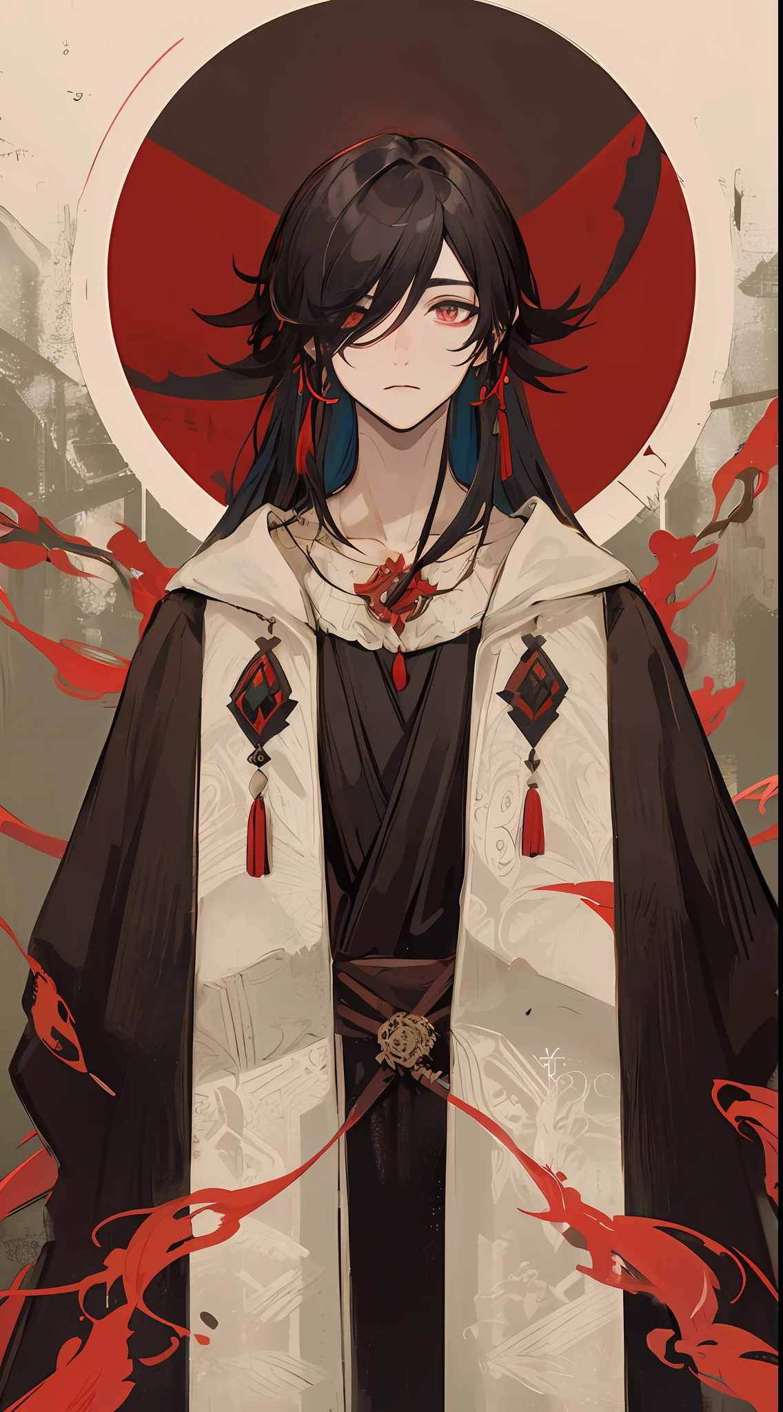 1mature man，cabelos preto e longos，red color eyes，Black sage robe