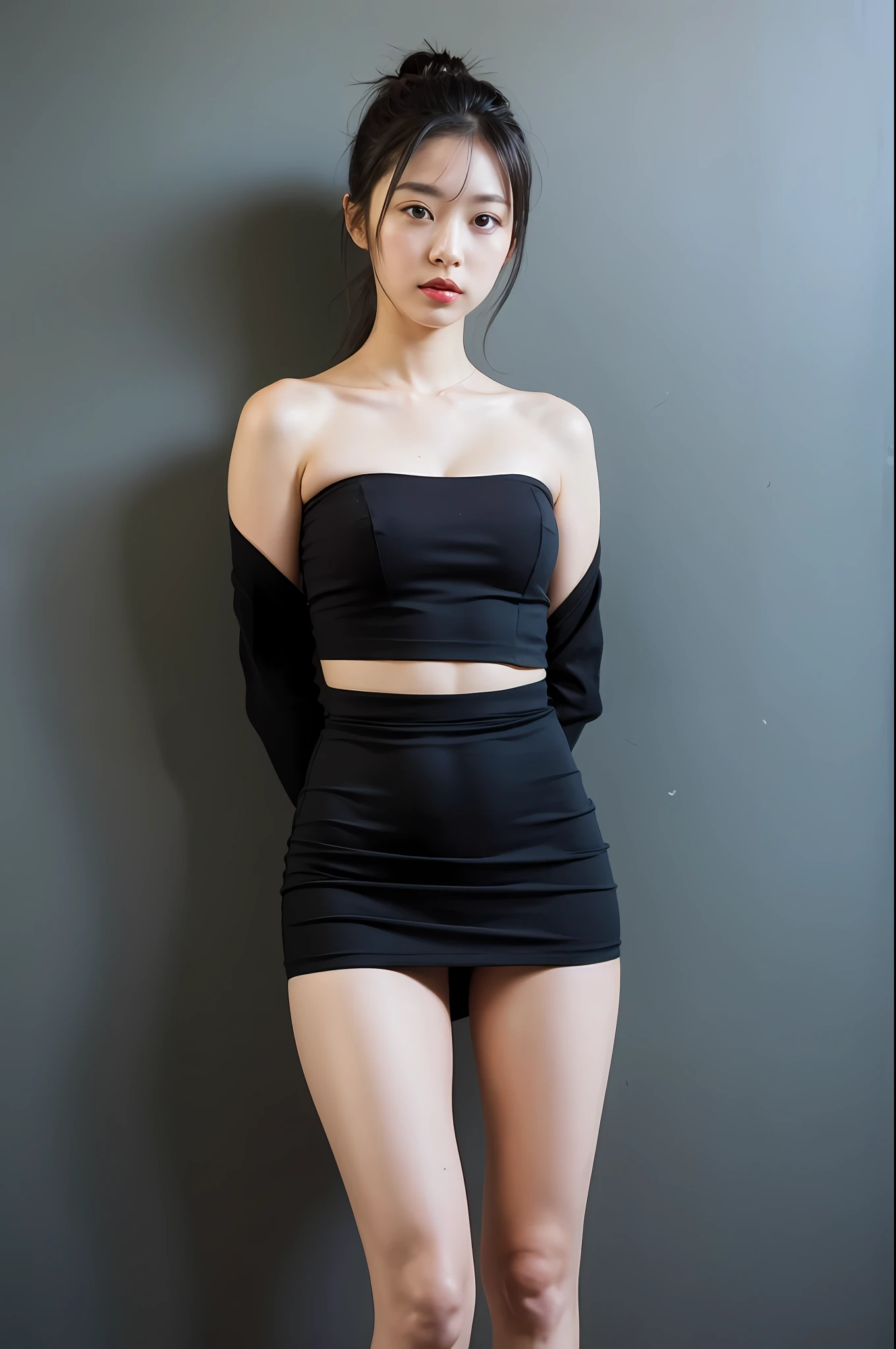 （Highly detailed body，Highly detailed face，Best quality at best：1.2） ，A woman who is，looki at viewer，（Black bandeau，Skirt that wraps hips）(Background wall 1.2),(Put your hands behind your back：1.4)