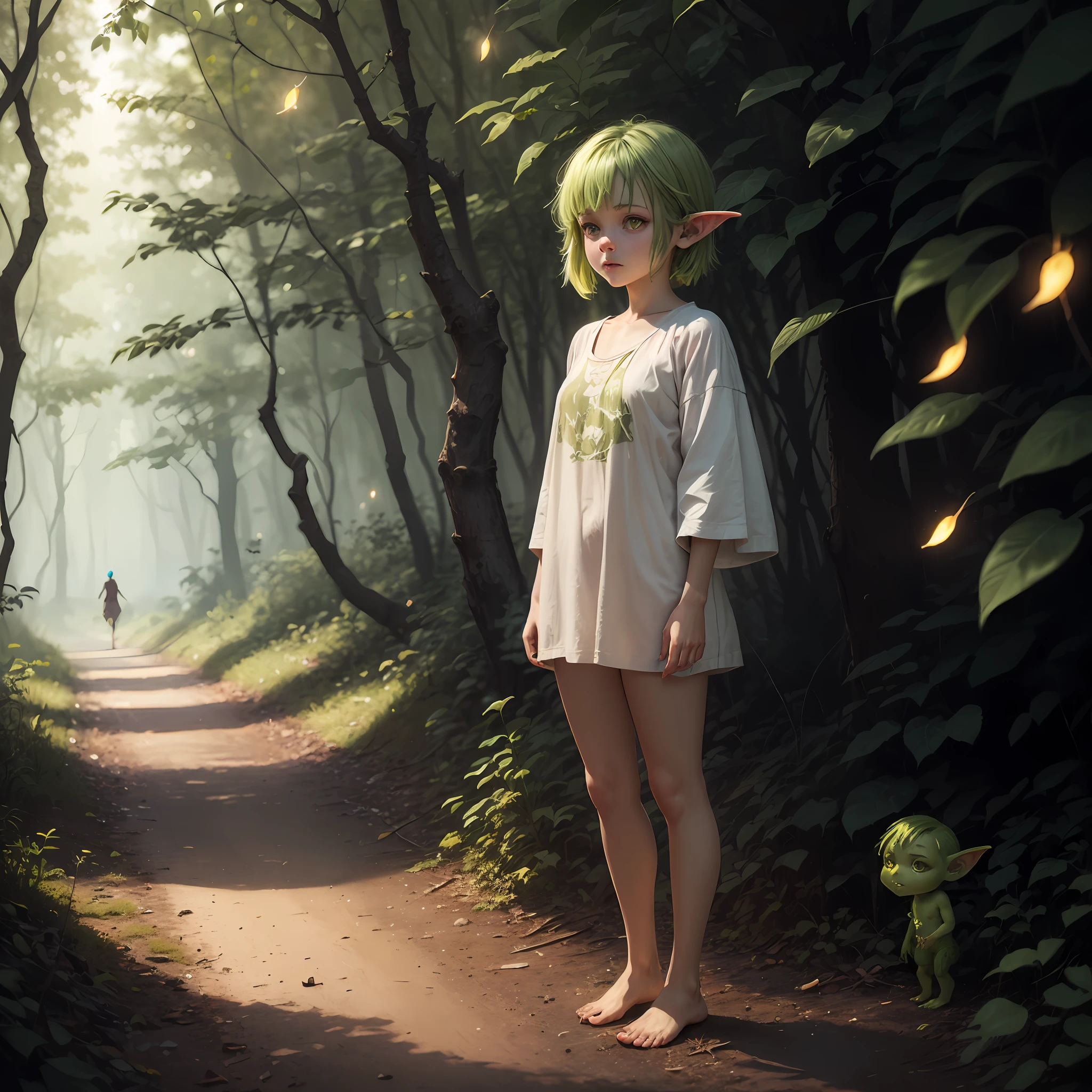 High quality realistic style, full body,  little goblin girl, green skin colored, purple hair and yellow eyes, using shredded clothes, bare skin, bare foot,, scouting the surroundings, curious expression, in a Forrest with  fireflies and mystical lights. Green Skin colored