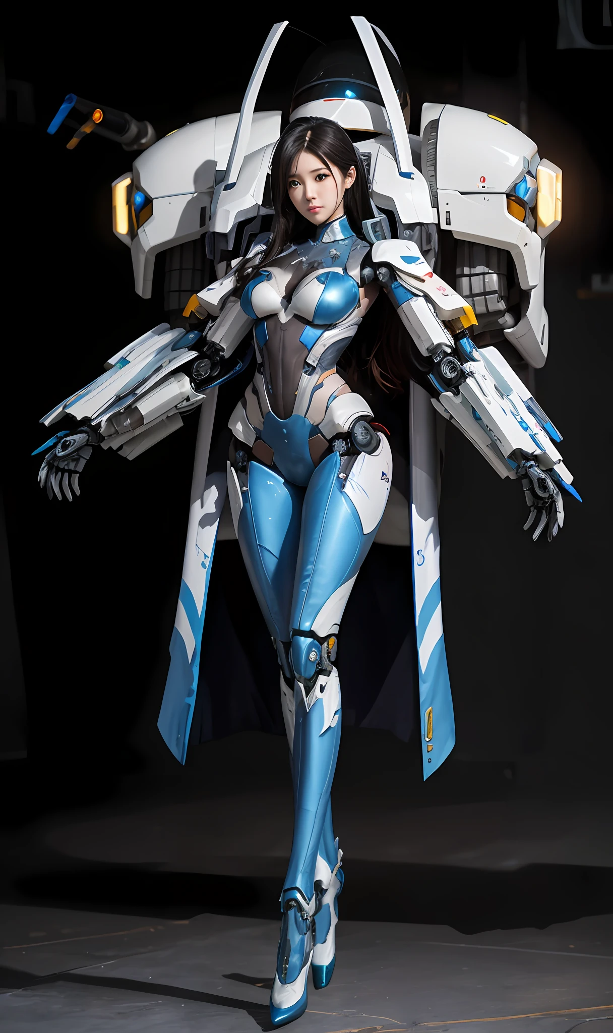 Arad woman in blue and white clothing，Carrying a large robot on his back, girl in mecha cyber armor, Mechanized Valkyrie girl, porcelain cyborg armor, inspired by Leng Mei, female mecha, echo from overwatch, Mecha suit, action figure mecha, porcelain cyborg, of a beautiful female warframe, perfect anime cyborg woman