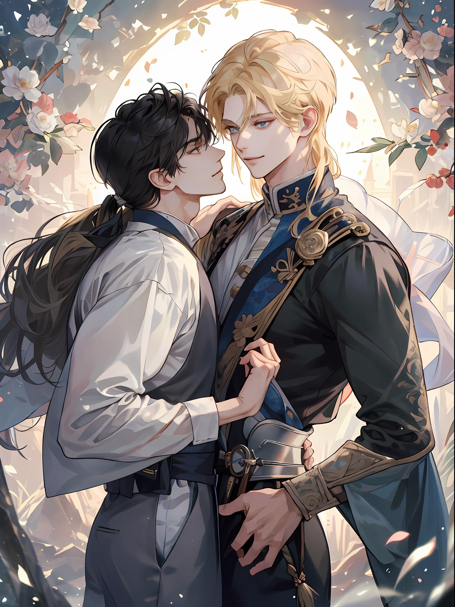 (extremely delicate and beautiful:1.2), in 8K, (masterpiece, best:1.2), (Two men:1.3), full bodyesbian, Blonde long-haired man, Middle-aged man with short black hair, 校服, Knights, intricate detailes, finely eye and detailed face, Perfect eyes, Equal eyes, (A male god), florals, a smile