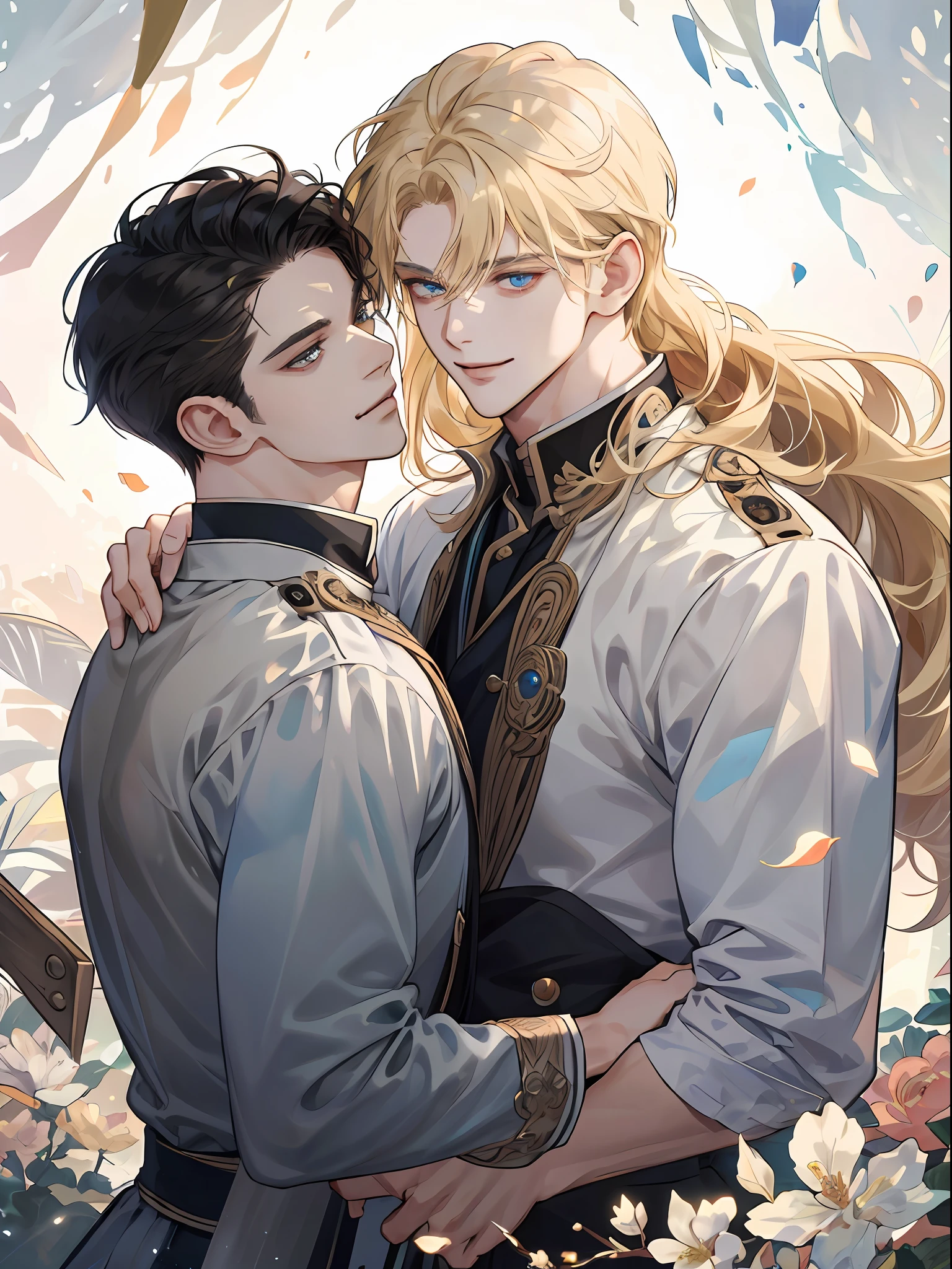 (extremely delicate and beautiful:1.2), in 8K, (masterpiece, best:1.2), (Two men:1.3), full bodyesbian, Blonde long-haired man, Middle-aged man with short black hair, 校服, Knights, intricate detailes, finely eye and detailed face, Perfect eyes, Equal eyes, (A male god), florals, a smile