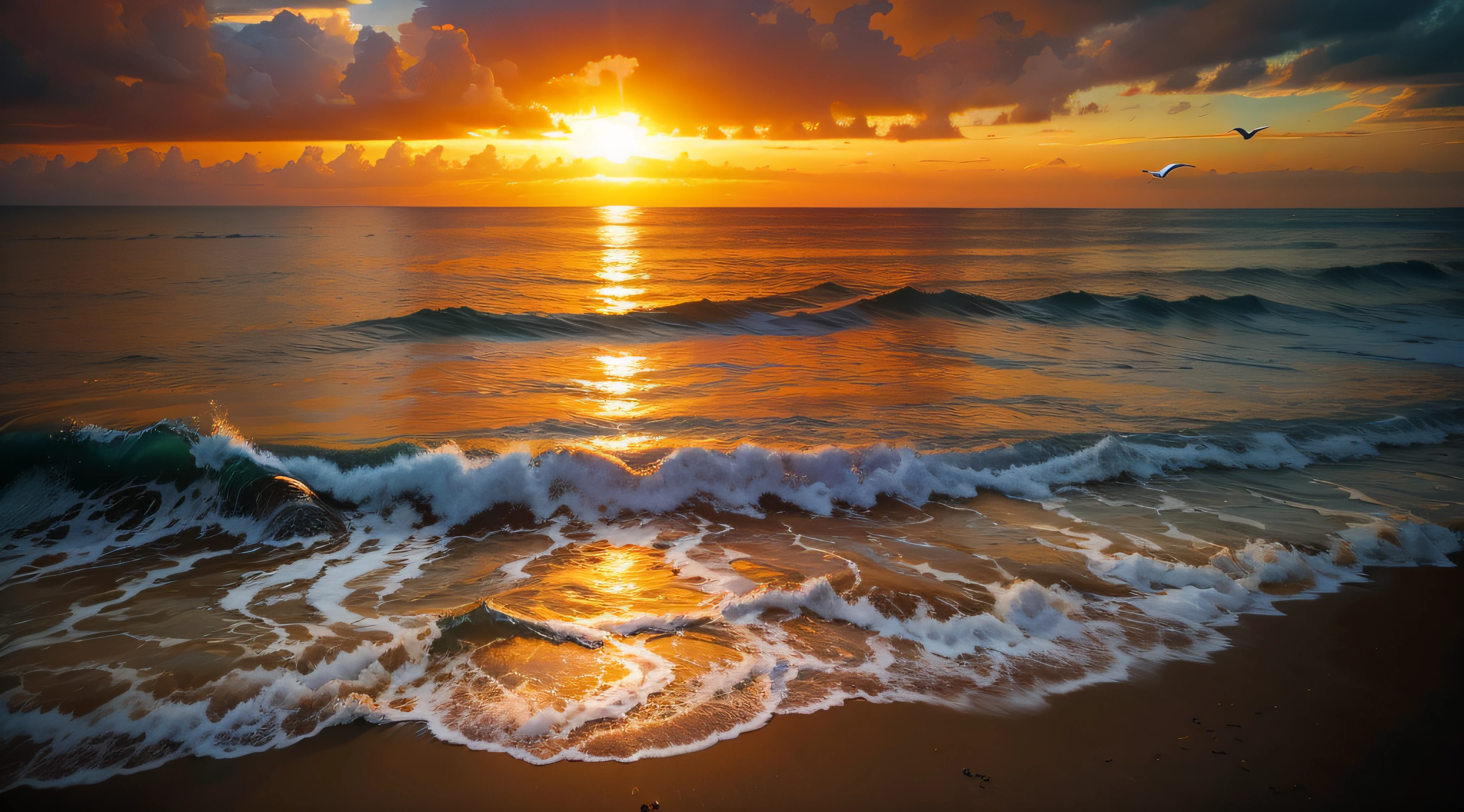 An absolutely mesmerizing sunset over the beach, with a blend of oranges, pinks, and yellows filling the sky. Crystal-clear waters of the sea gently kissing the shore, with sandy white beach stretching far and wide. The scene is dynamic and breathtaking, with seagulls soaring high in the sky and gently swaying palm trees. Take in the calming atmosphere and let the peacefulness wash over you.