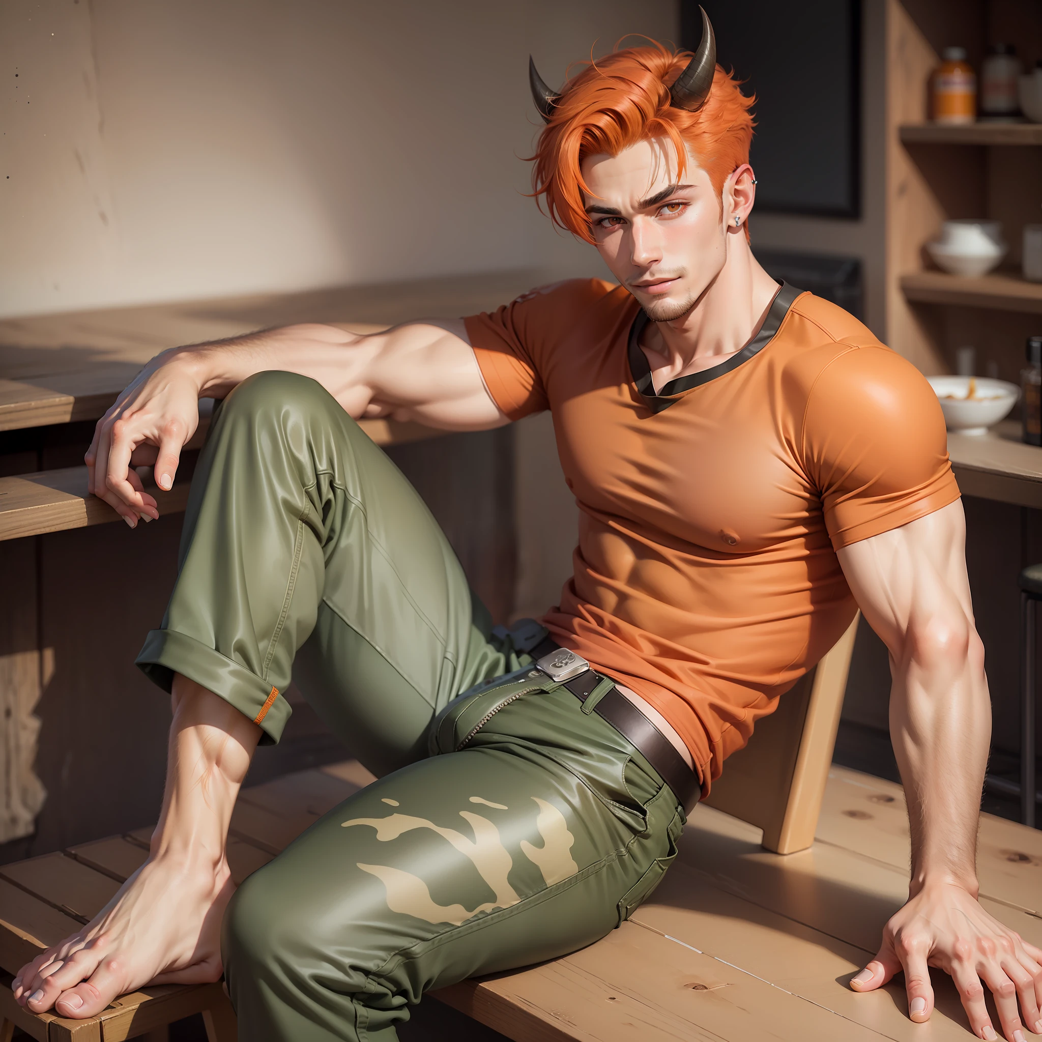 Handsome male, nose piercing, red eyes, orange hair, short hair, smile, intense look, orange shirt, camo pants, sitting on barstool, detailed body, detailed hands, tanned skin, horns, doe eyes, muscular, huge bulge in pants