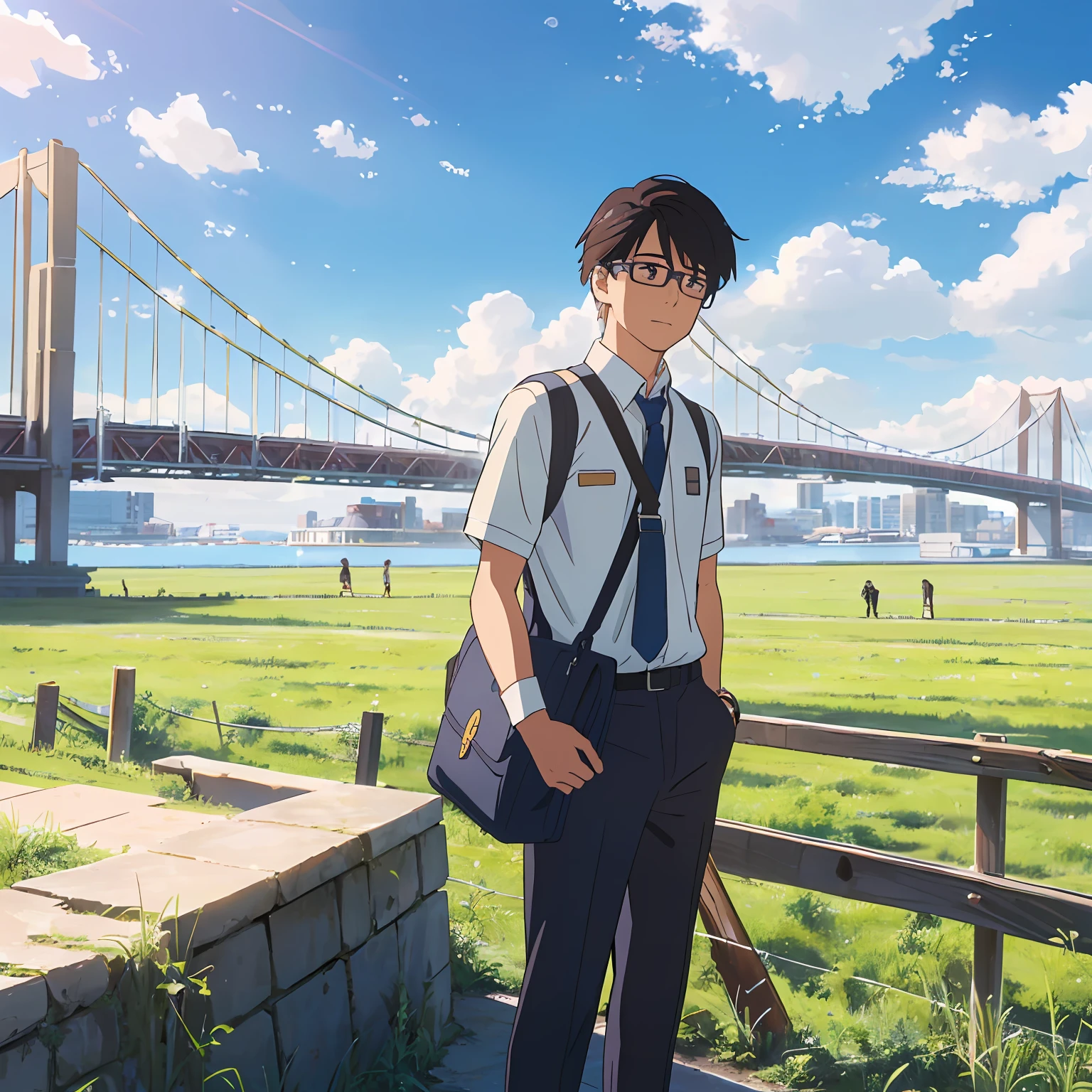 ((Best Picture Quality)),((realisticlying+style of anime)),Sunny meadow,There is a bridge and blue sky and white clouds in the background,Uniforms for male students,(The protagonist)silber hair,wears glasses,Natural expressions,Bag behind him。 --auto