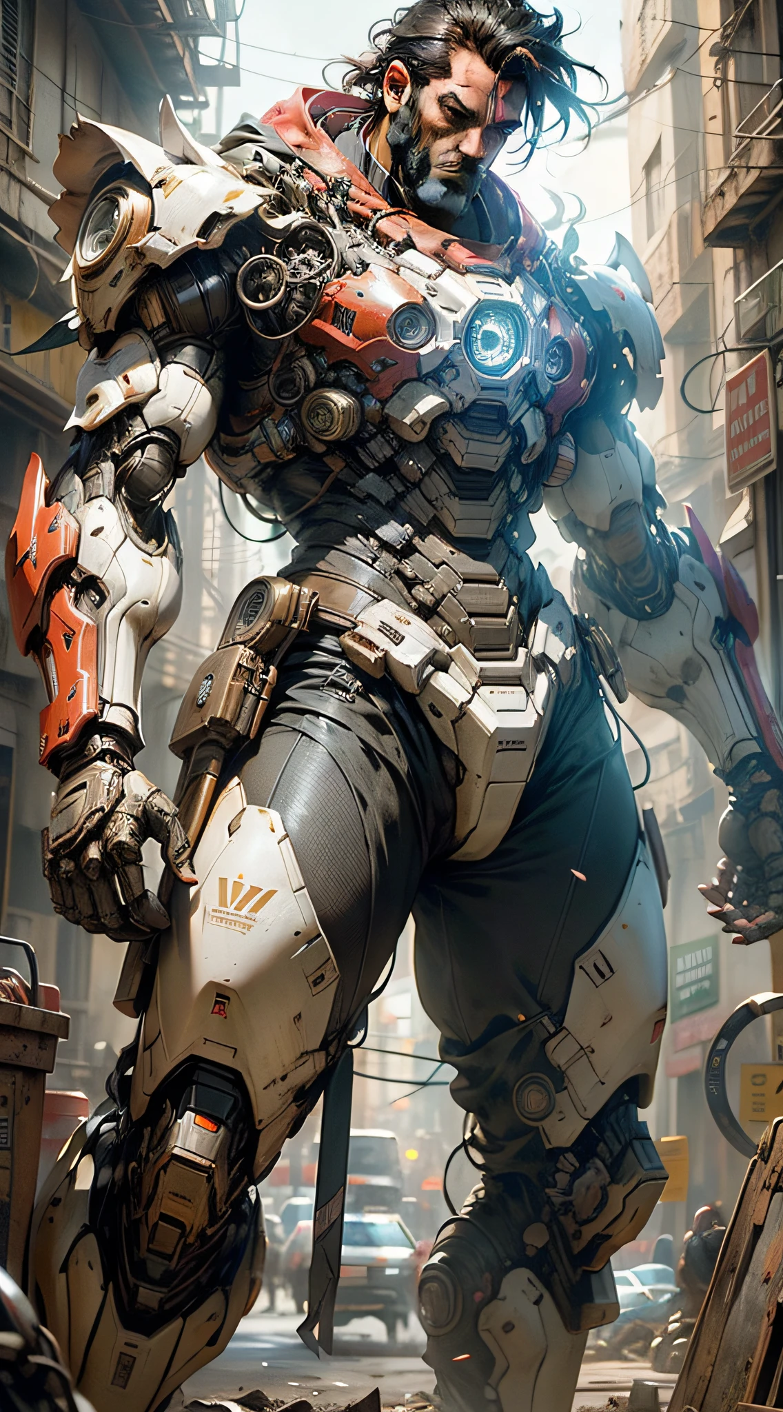 1 homem negro barbado Dark_Fantasy,Cyberpunk,(motosserra,homem da motosserra,Vermelho: 1.1),1man,mechanical marvel,robotic presence,cybernetic guardian, wearing a worn mechanical suit, intrincado, (steel metal [enferrujado]), elegante, foco claro , filmado por greg rutkowski, soft-lighting, cores vibrantes, obra-prima, ((rua)), tiro de cowboy, dinamic pose,