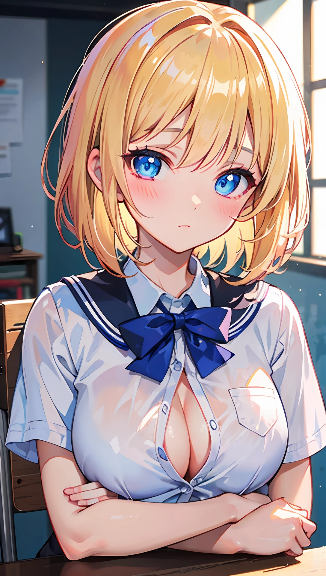 (masterpiece, best quality;1.3)), ultra detailed, 8k unity wallpapers, CG, ray tracing, illustration, colorful, cinematic shadow, extremely detailed and beautiful background,vhd, shadering VRay,RT, 1girl, teenage, li, blush, solo, blue eyes, blush, (blonde hair), (medium hair), large breasts, white glowing skin, highly detailed beautiful face, beautiful face, beautiful eyes, (talented Lo-Fi:1.3), naked, sexy, lewd, ,school uniform, partially unbuttoned, indoors, school, close-up, glowing, glowing light, ultra detailed, scenic, atmospheric