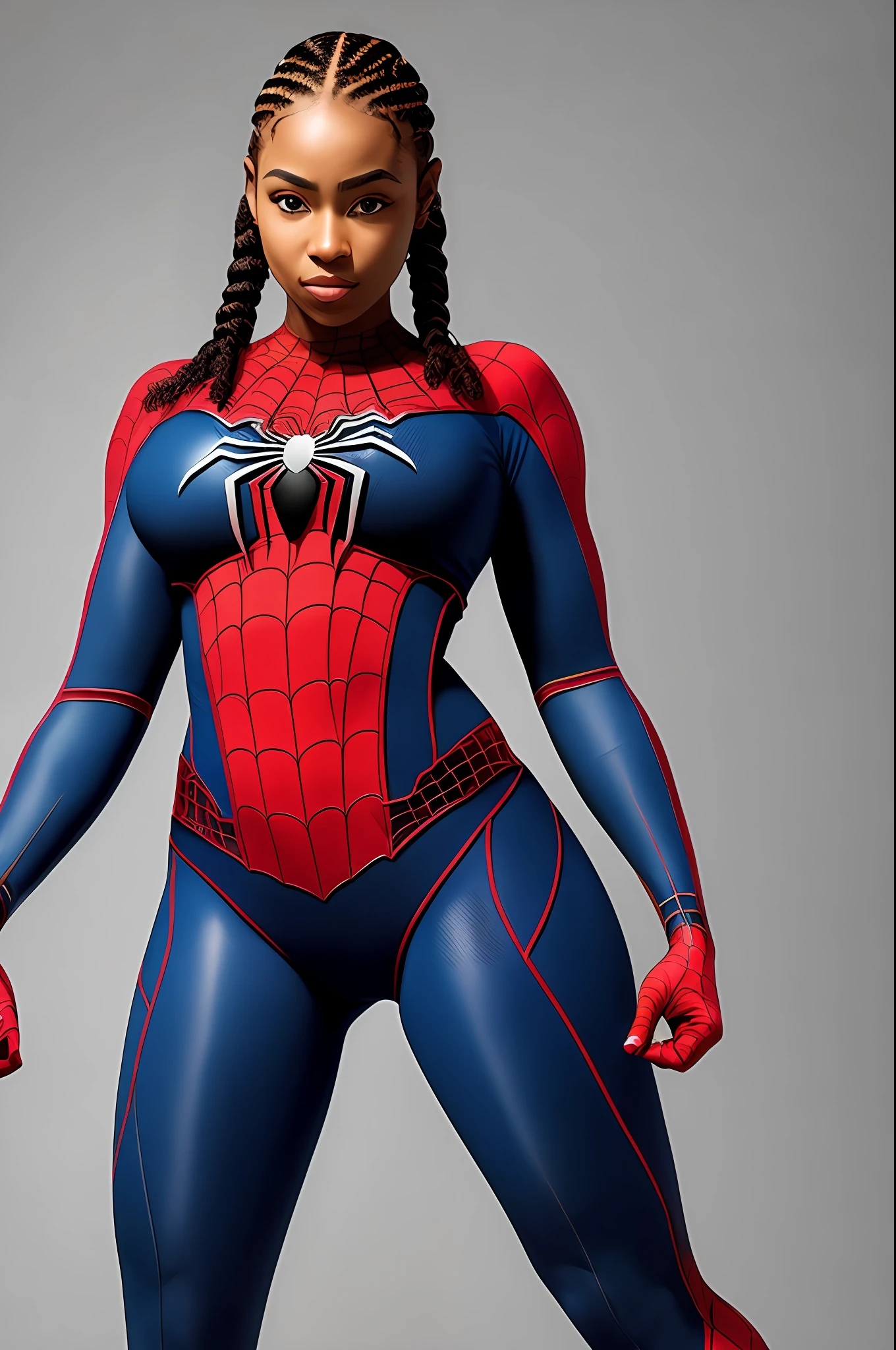 "A beautiful black woman posing in athletic shape with braided hair and large breasts wearing a sexy spider-man outfit."