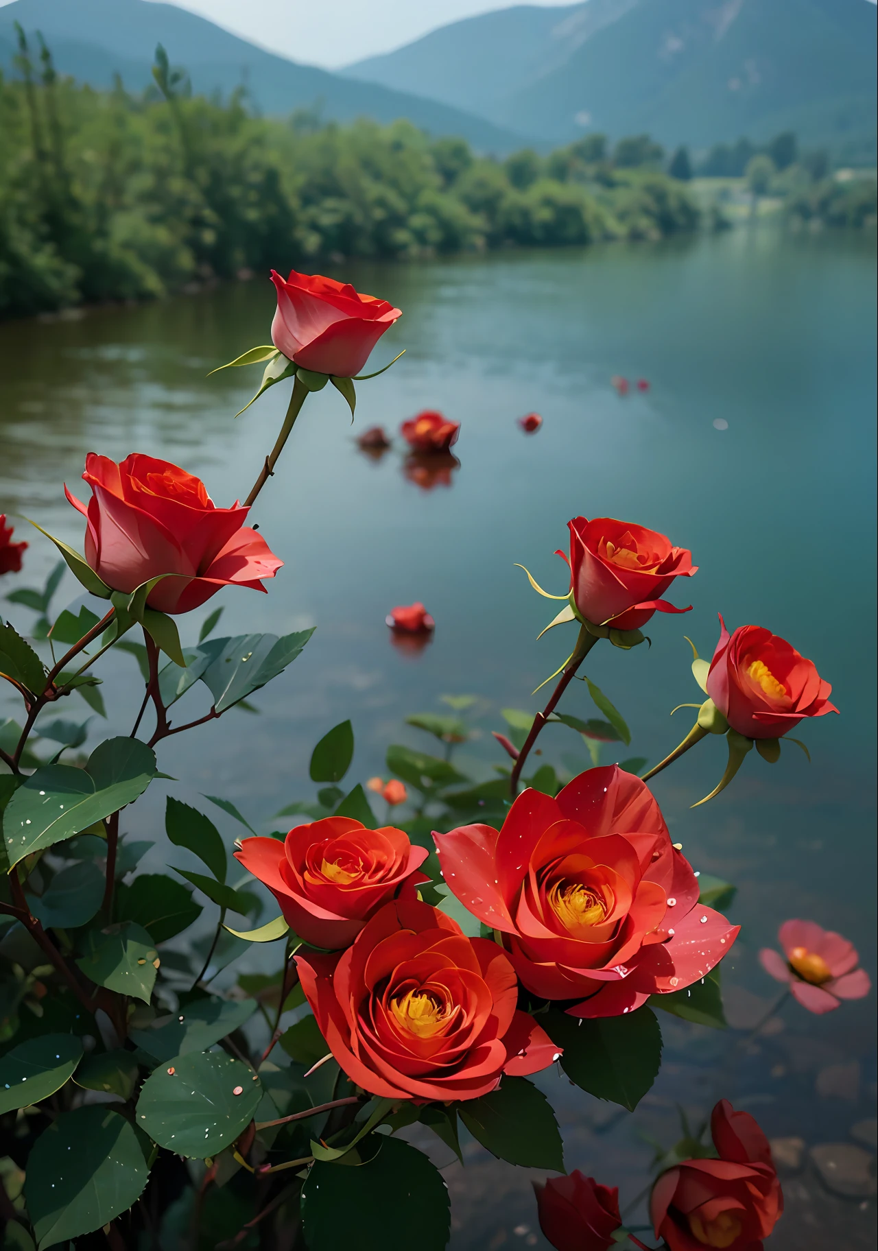 look from down, Above is the sky, morningglow, thin fog, In the distance are mountains, Below is the hillside, A red rose, Porcelain petals, There are crystal clear water droplets on the petals, （There are water droplets on the petals）, Green flowers and leaves, Water droplets on the flowers and leaves, （Realiy）, Roses make up one-tenth, from below, depth of field, high detail, backlighting, 4k, masterpiece, ccurate, high quality