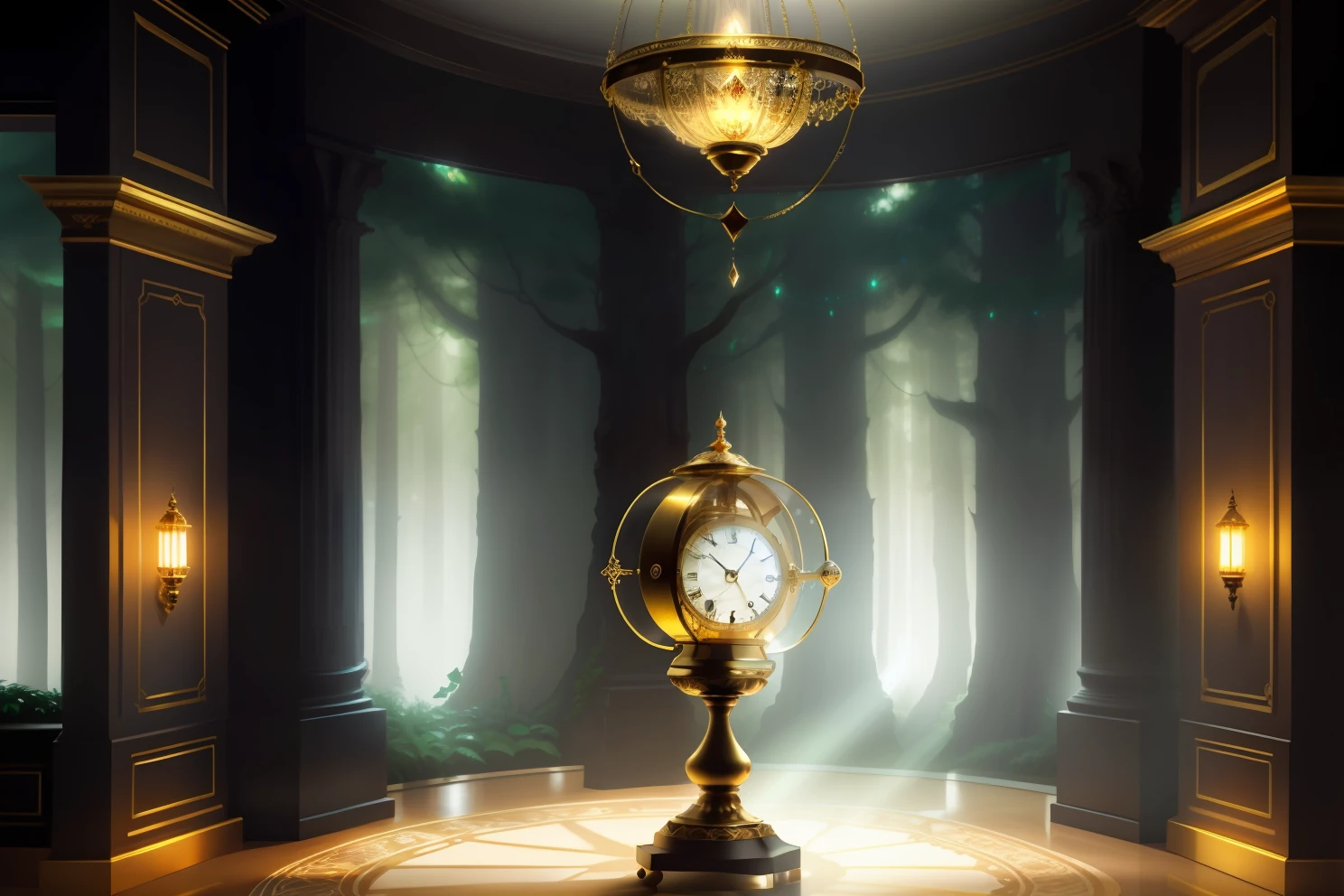 photo of a large hand holding an antique gold watch, magia-fantasia-floresta, arte digital, most amazing art in the world, ((sem humanos)), Light Volumetric, cores suaves equilibradas, forest scenario, videiras, uhd, render de octanas 8k, magica, Awesome, ethereal, intrincado, design intrincado, ultra sharp, sombras, cores mais frias, trend in CGSociety, ((melhor qualidade)), ((obra-prima)), (detalhado), Antique clock