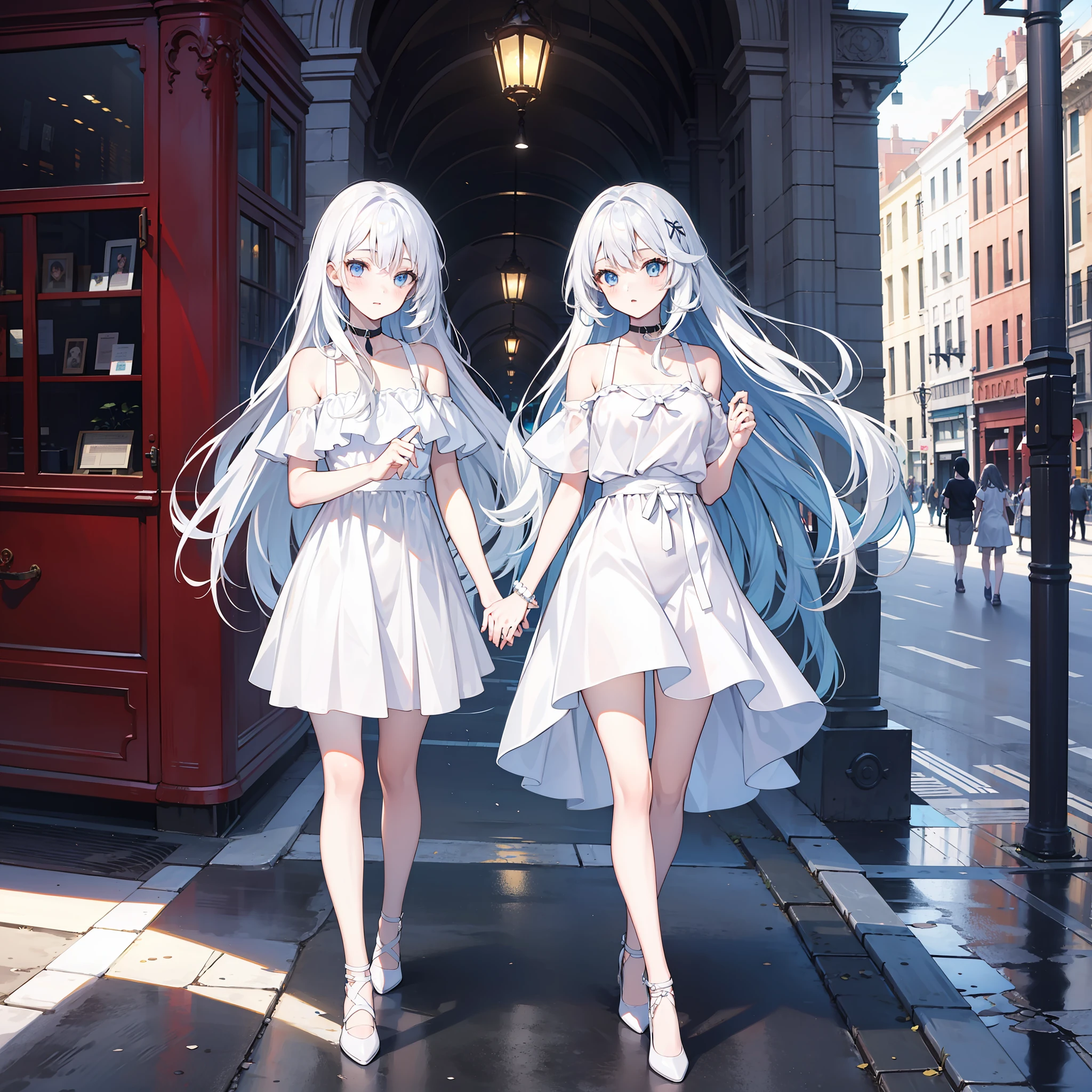long  white hair，Touristy，white apparel，twogirls，