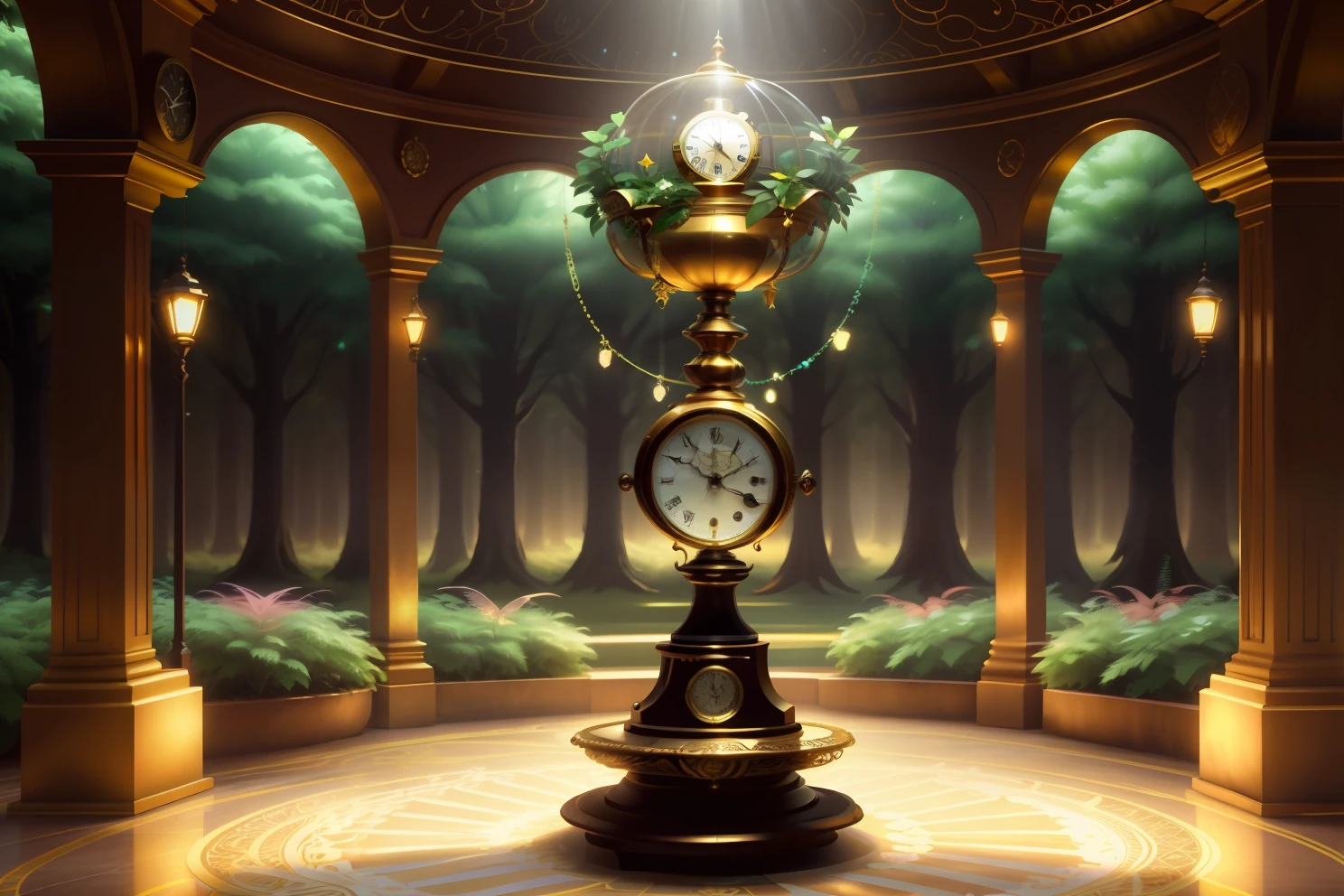 photo of a large hand holding an antique gold watch, magia-fantasia-floresta, arte digital, most amazing art in the world, ((sem humanos)), Light Volumetric, cores suaves equilibradas, forest scenario, videiras, uhd, render de octanas 8k, magica, Awesome, ethereal, intrincado, design intrincado, ultra sharp, sombras, cores mais frias, trend in CGSociety, ((melhor qualidade)), ((obra-prima)), (detalhado), Antique clock