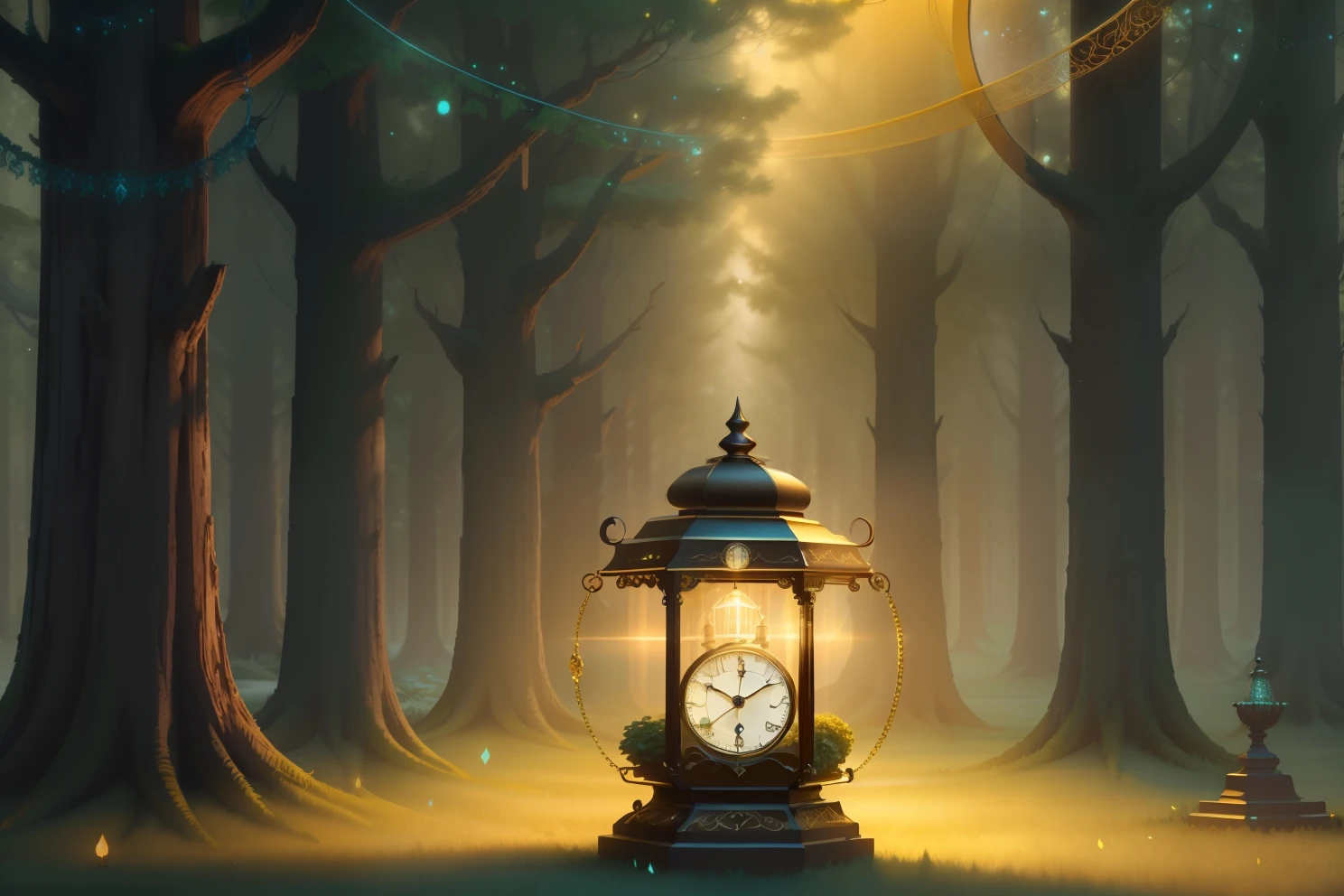 photo of a large hand holding an antique gold watch, magia-fantasia-floresta, arte digital, most amazing art in the world, ((sem humanos)), Light Volumetric, cores suaves equilibradas, forest scenario, videiras, uhd, render de octanas 8k, magica, Awesome, ethereal, intrincado, design intrincado, ultra sharp, sombras, cores mais frias, trend in CGSociety, ((melhor qualidade)), ((obra-prima)), (detalhado), Antique clock