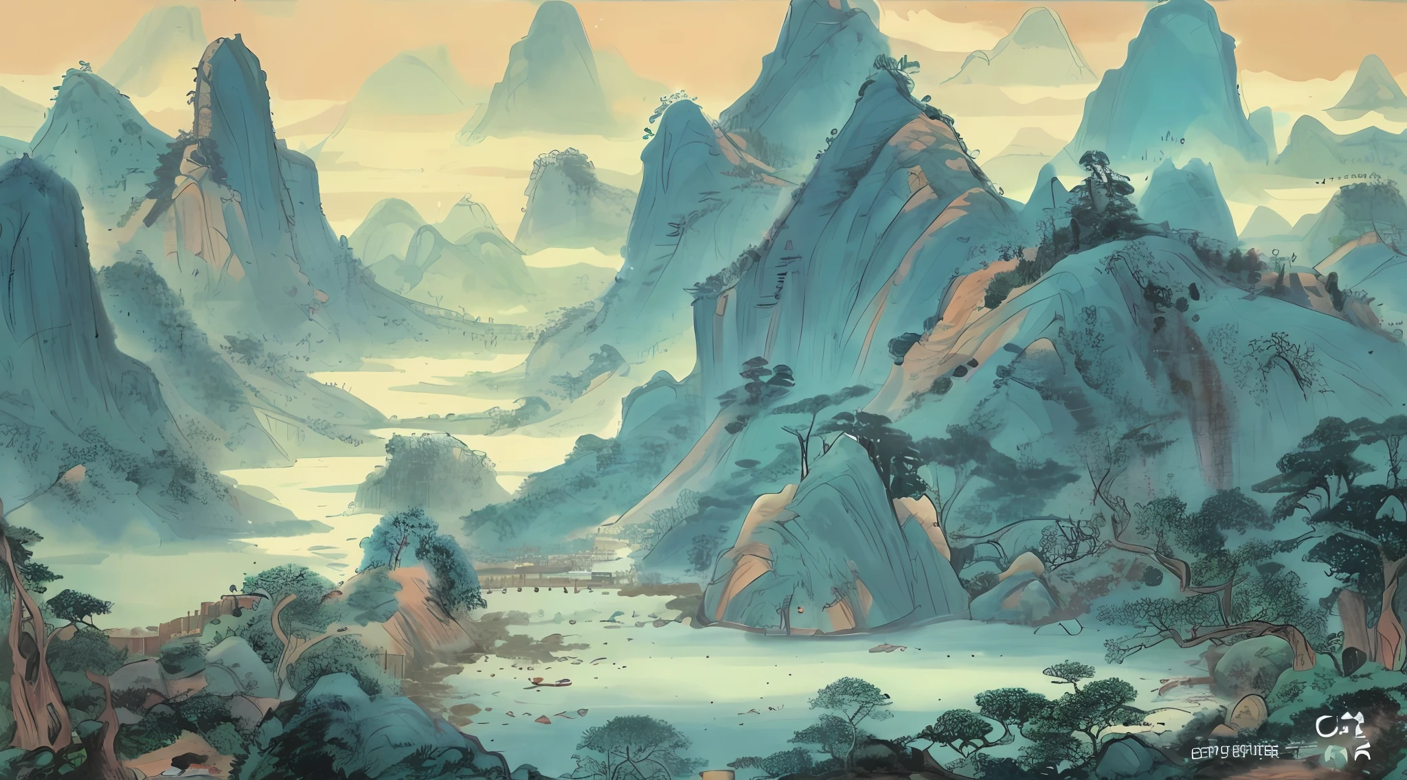 Draw a picture of a river with a flock of sheep, author:Li Shan, author:Shen Shichong, author:Dong Qichang, author:Li Kelan, author:Cheng Zhengkui, nature painting, author:Li Zai, author:Yang Buzhi, author:Dai Xi, author:Xu Xi, Chinese painting style, author:Cao Zhibai