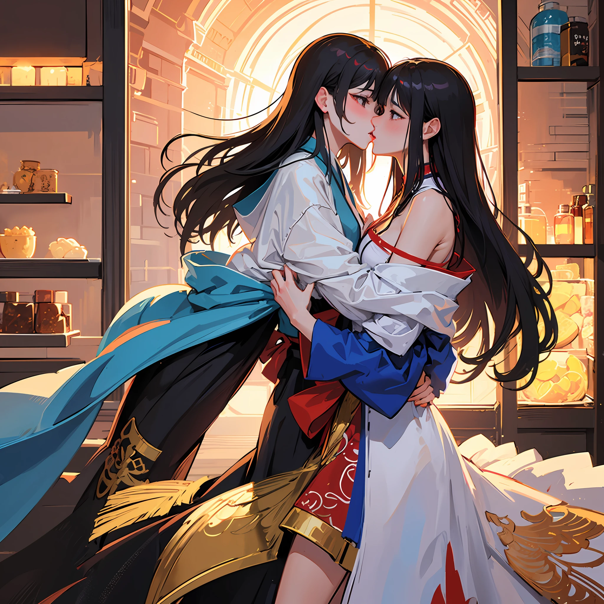 master piece,hyper quality, Hyper Detailed,Perfect drawing,Hi-Res、2tgirls、Japan idol、student clothes、Look at each other from the front、((kiss))、(((French kiss)))、Hug each other as if pushing each other、stare at each other、Moist eyes、Half-open lips、Beautiful、red blush(0.2)、Functional、seductiv、Trance、demagoguery、Beauty、bustup、Shunguang、、Shot diagonally down from the front、precise drawing、Detailed drawing、Precise human body structure、Locker Room、beatiful backgrounds