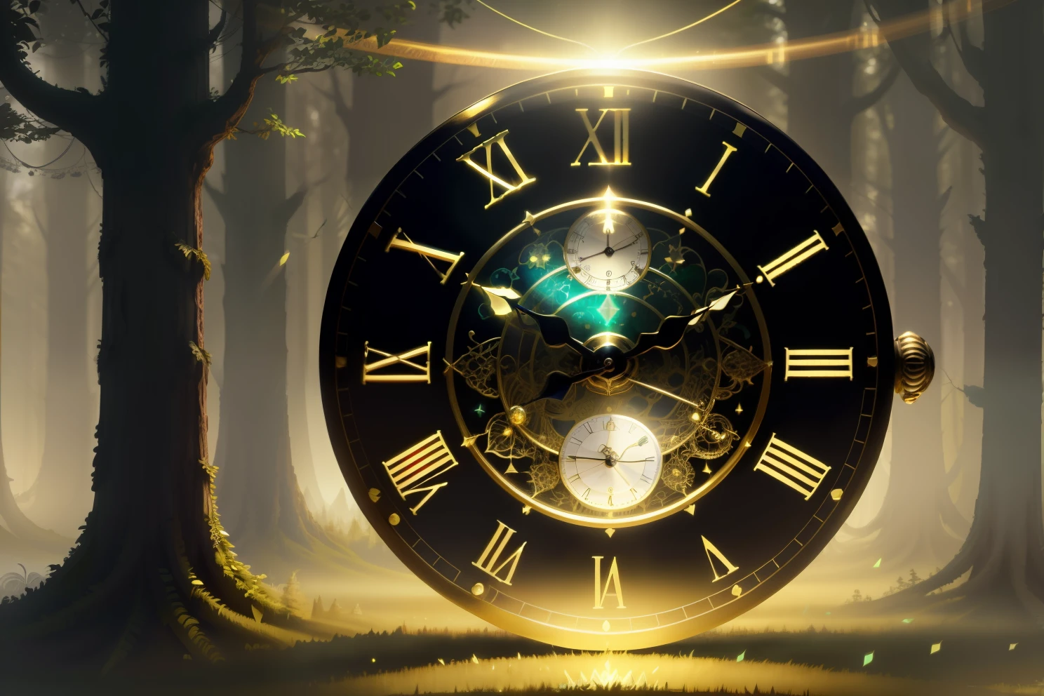 photo of a large hand holding an antique gold watch, magia-fantasia-floresta, arte digital, most amazing art in the world, ((sem humanos)), Light Volumetric, cores suaves equilibradas, forest scenario, videiras, uhd, render de octanas 8k, magica, Awesome, ethereal, intrincado, design intrincado, ultra sharp, sombras, cores mais frias, trend in CGSociety, ((melhor qualidade)), ((obra-prima)), (detalhado), Antique clock