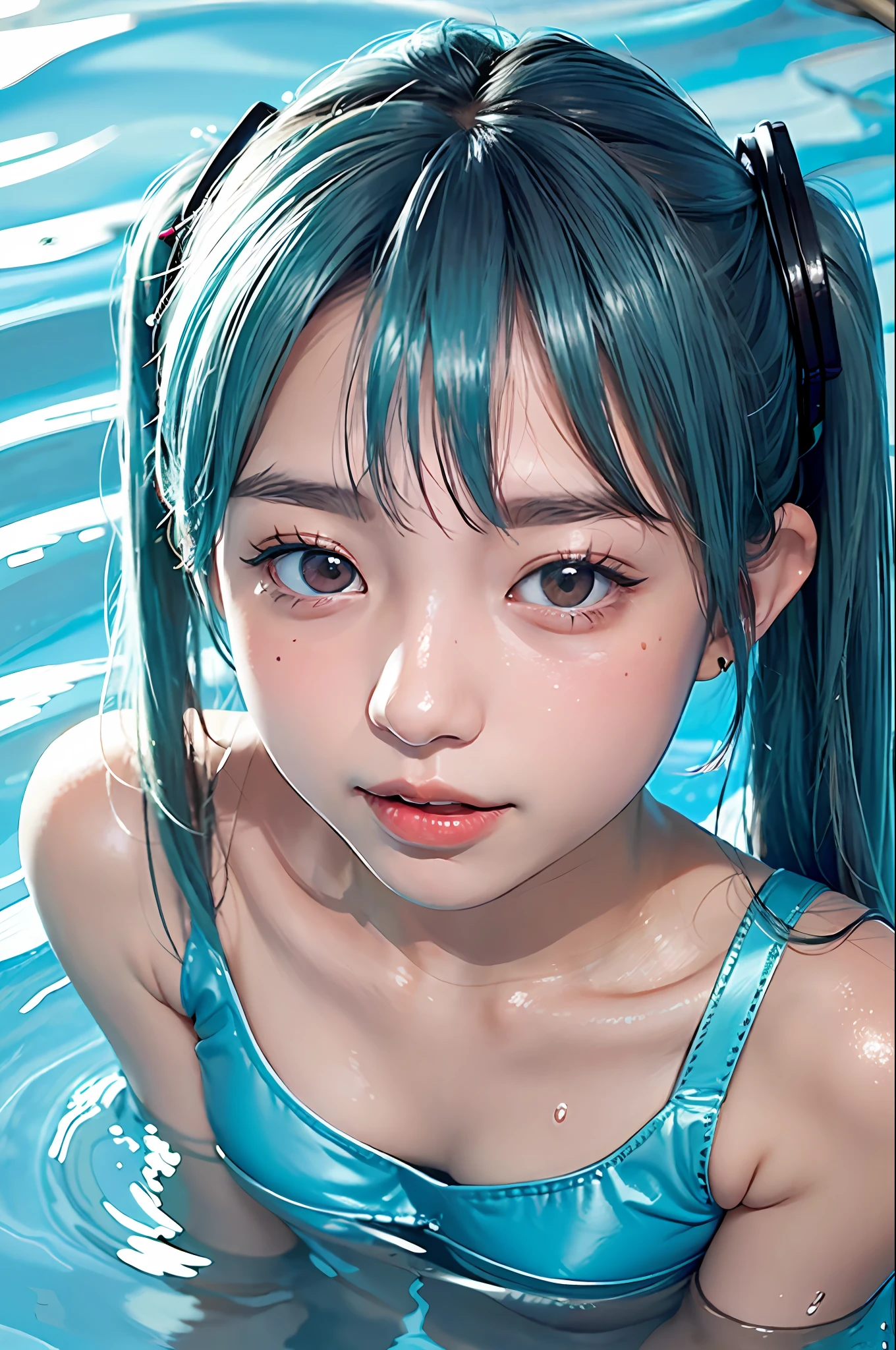 Hatsune Miku、Kiss Face、Photorealsitic, hight resolution, 1 rapariga, Korea person, Heterochromia eyes, small moles under eyes,Get into the water up to your stomach、Wet、swimming pools、In the water