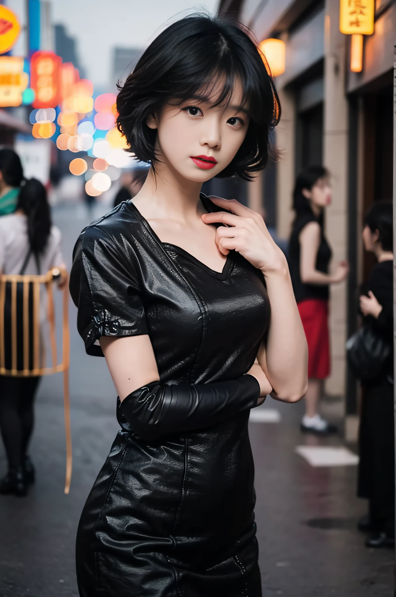 (8K、Raw photography、top-quality、masterpiece:1.2)、(realisitic、Photorealsitic:1.4)、(The upper part of the body)、(is standing)、Cinematographic lighting、photon maping、Radio City、physically-based renderingt、1girl in、(独奏:1.3)、Beautiful ass、Retrospective viewers、(cheongsam with deep slit)、(short-hair)、Awkward look、solofocus、softlighting、dynamic ungle、outside of house、