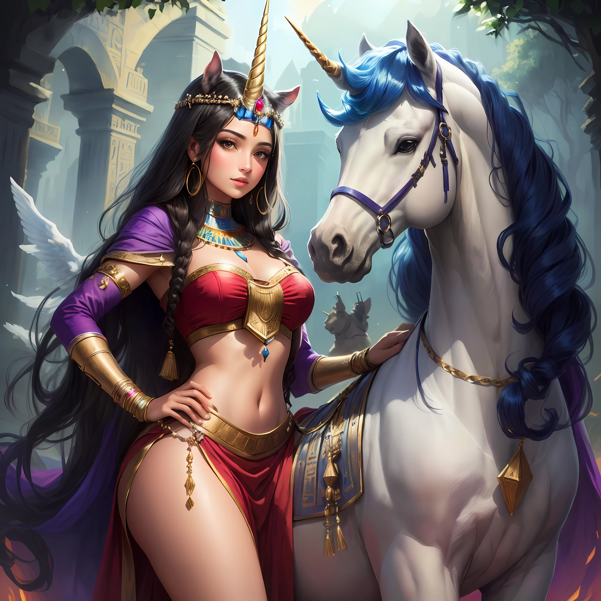 Egyptian princess in a unicorn in pencil drawing
