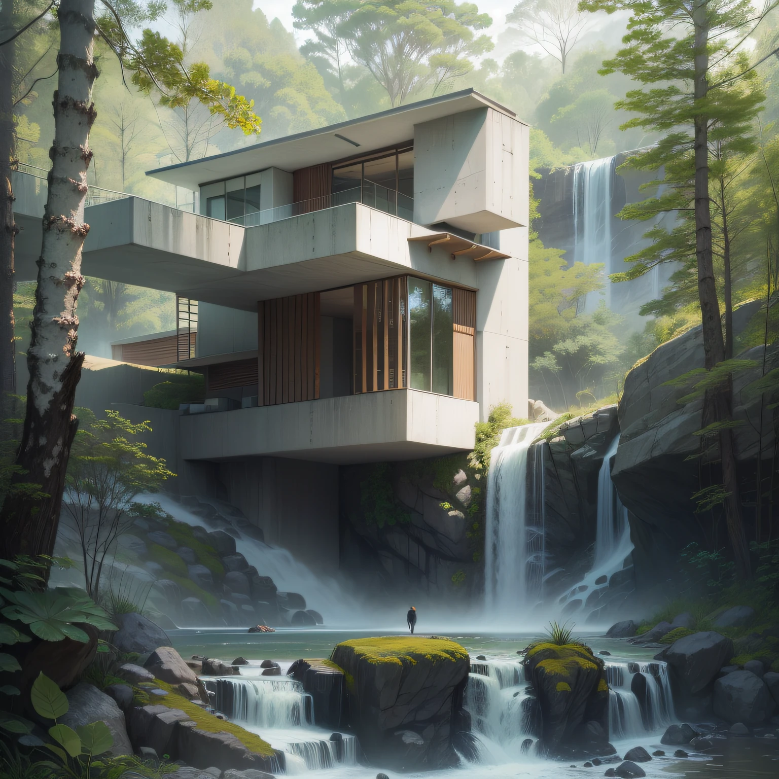 Uma cachoeira em frente a uma moderna casa de concreto branco na floresta, a digital rendering by Maginel Wright Enright Barney, Pinterest, Modernismo, provia, creative commons attribution, biomorphic