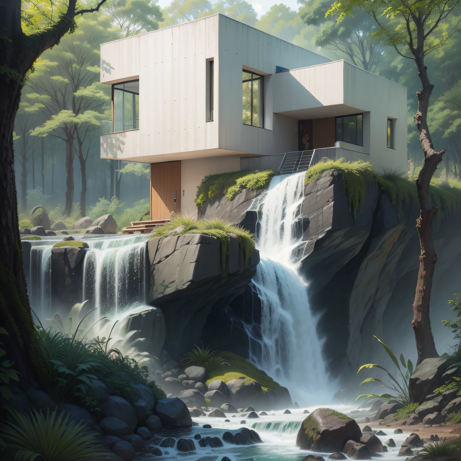 Uma cachoeira em frente a uma moderna casa de concreto branco na floresta, a digital rendering by Maginel Wright Enright Barney, Pinterest, Modernismo, provia, creative commons attribution, biomorphic