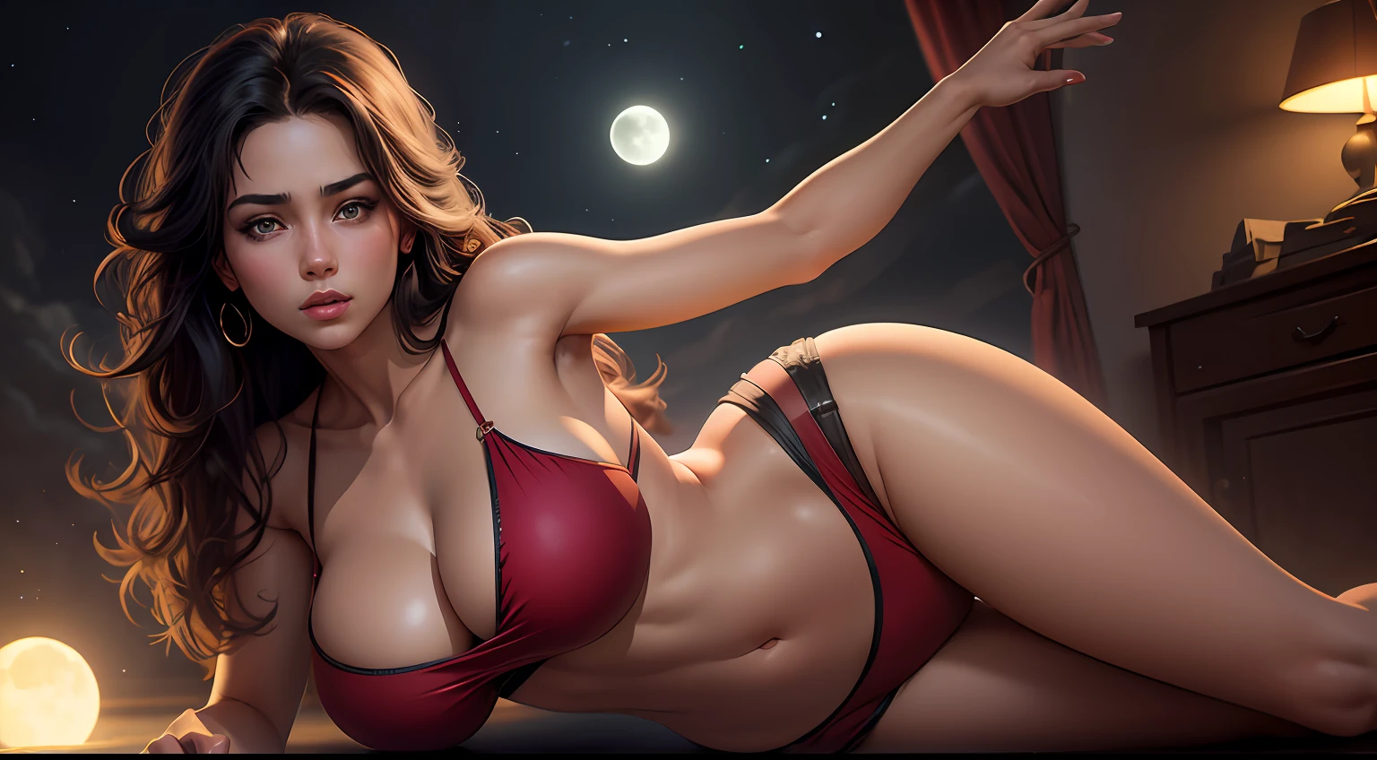 bolivian girl with big breasts legs open, green eyes, red top, moon light digital painting, gorgeous face, beautiful realistic face, ultra realistic digital art, ultra-realistic digital art --auto