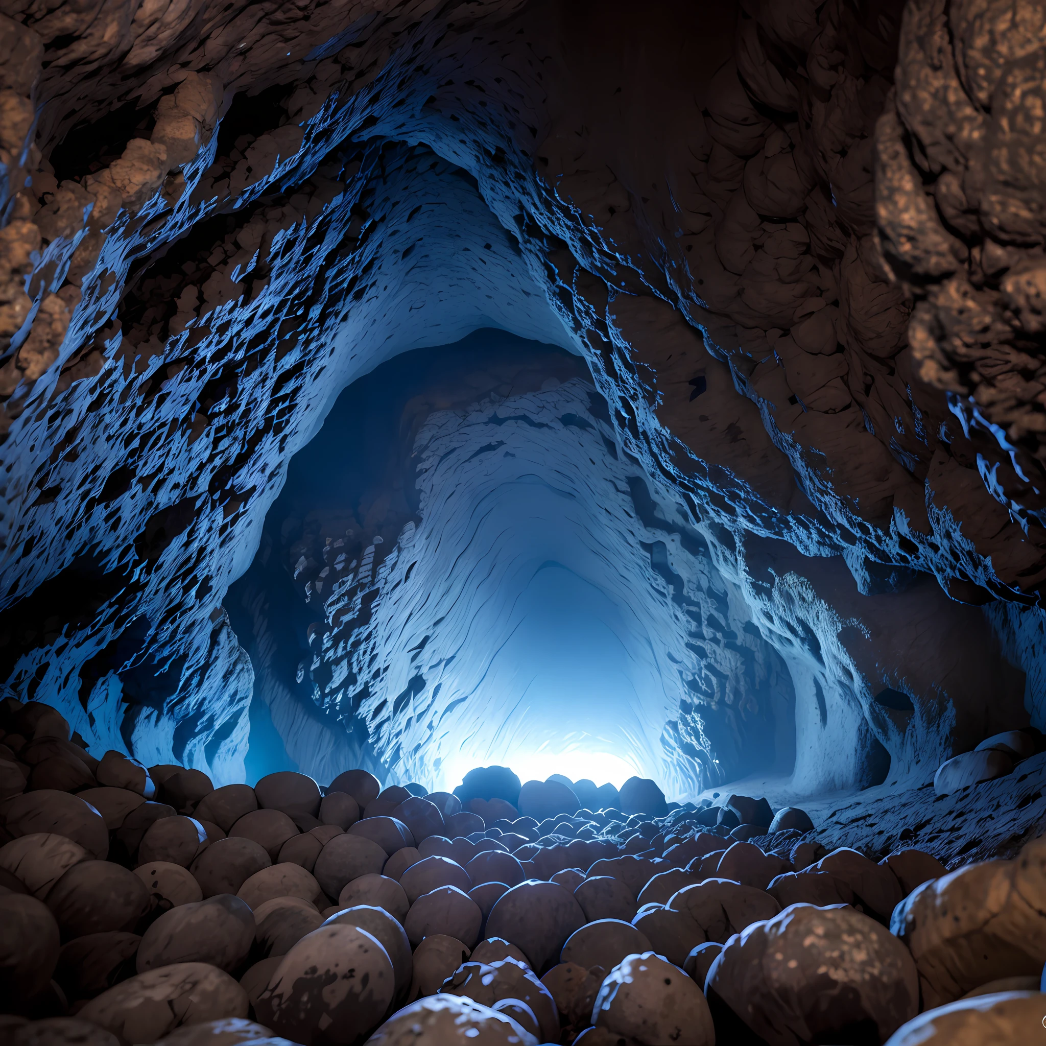 no fundo da caverna sob luz violeta e nevoa