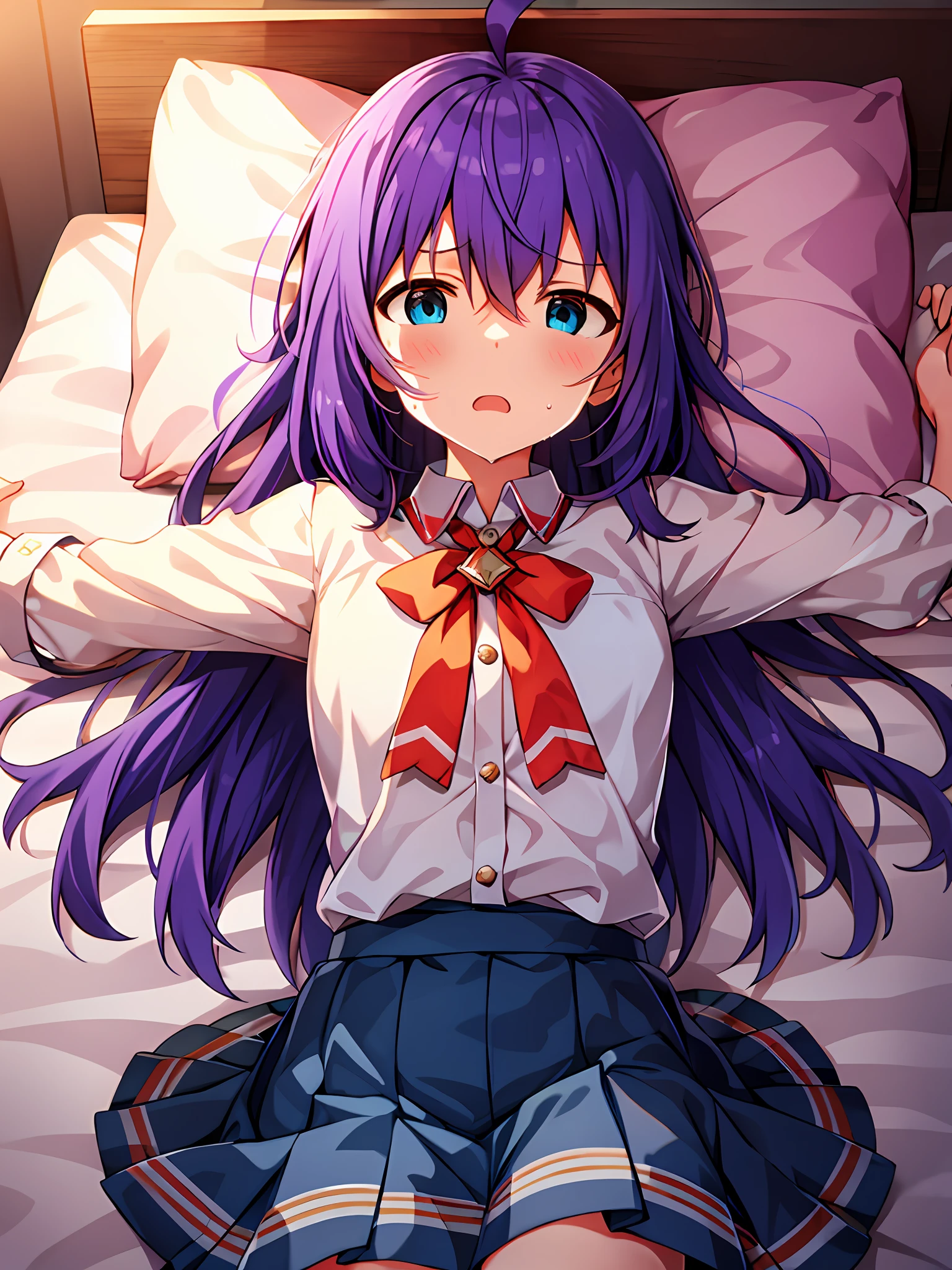 mochizuki anna,1girl in,Solo,Long hair,Purple hair,Medium chest.Ahoge,Blue eyes.Short stature.white t-shirts.suspenders.Skirt.Evening glow.the setting sun.Despair face.Sweat.Opening Mouth.up chest.Spread your arms.a bed.PILLOWS.