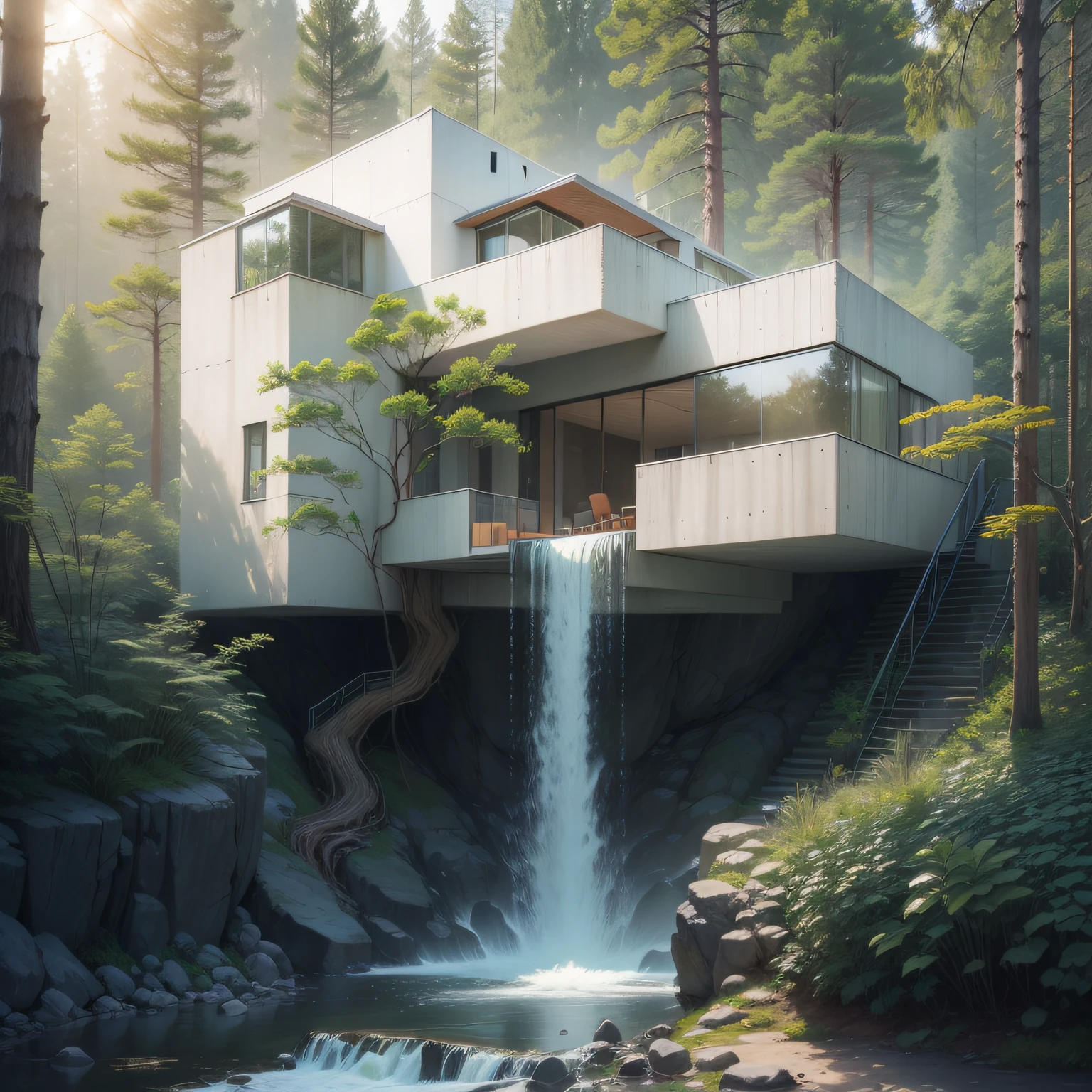 Uma cachoeira em frente a uma moderna casa de concreto branco na floresta, a digital rendering by Maginel Wright Enright Barney, Pinterest, Modernismo, provia, creative commons attribution, biomorphic