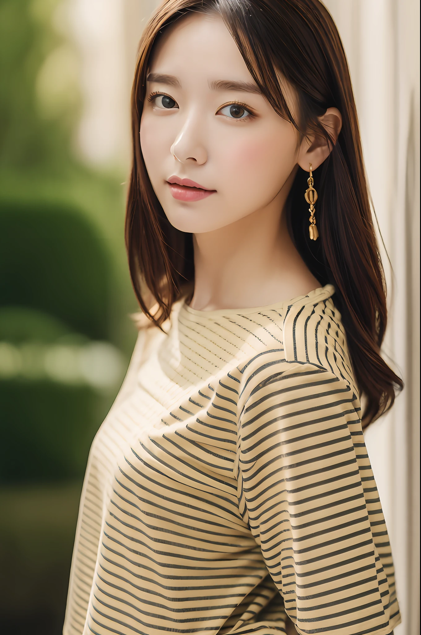Solo, 8K best quality, Masterpiece, photograph realistic, Super detail, Casual pretty girl wearing loose striped t-shirt, Layered gold chain