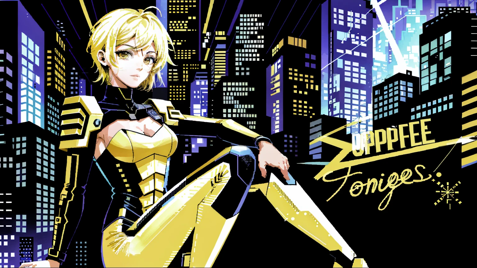 Super masterpiece, Comic girl wearing cyberpunk European girl stickers alternates with yellow costume, Shy and attractive, Full body, blond, liberta, souls, Digital Illustration, Comic style, Cyberpunk, Perfect Anatomy, Centered, Approaching perfection, Dynamic, Highly detailed, Watercolor painting, art  stations, Concept art, Smooth, Sharp Focus, Illustration, Unique, awardwinning, masutepiece