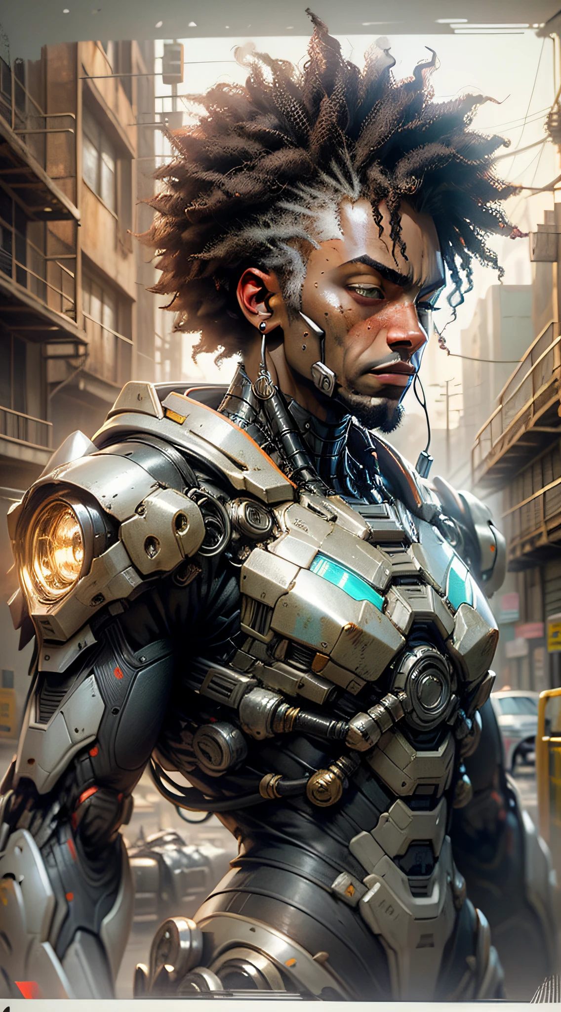 homem afro, cabelos afrosDark_Fantasy,Cyberpunk,(motosserra,homem da motosserra,Vermelho: 1.1),1man,mechanical marvel,robotic presence,cybernetic guardian, wearing a worn mechanical suit, intrincado, (steel metal [enferrujado]), elegante, foco claro , filmado por greg rutkowski, soft-lighting, cores vibrantes, obra-prima, ((rua)), tiro de cowboy, dinamic pose,