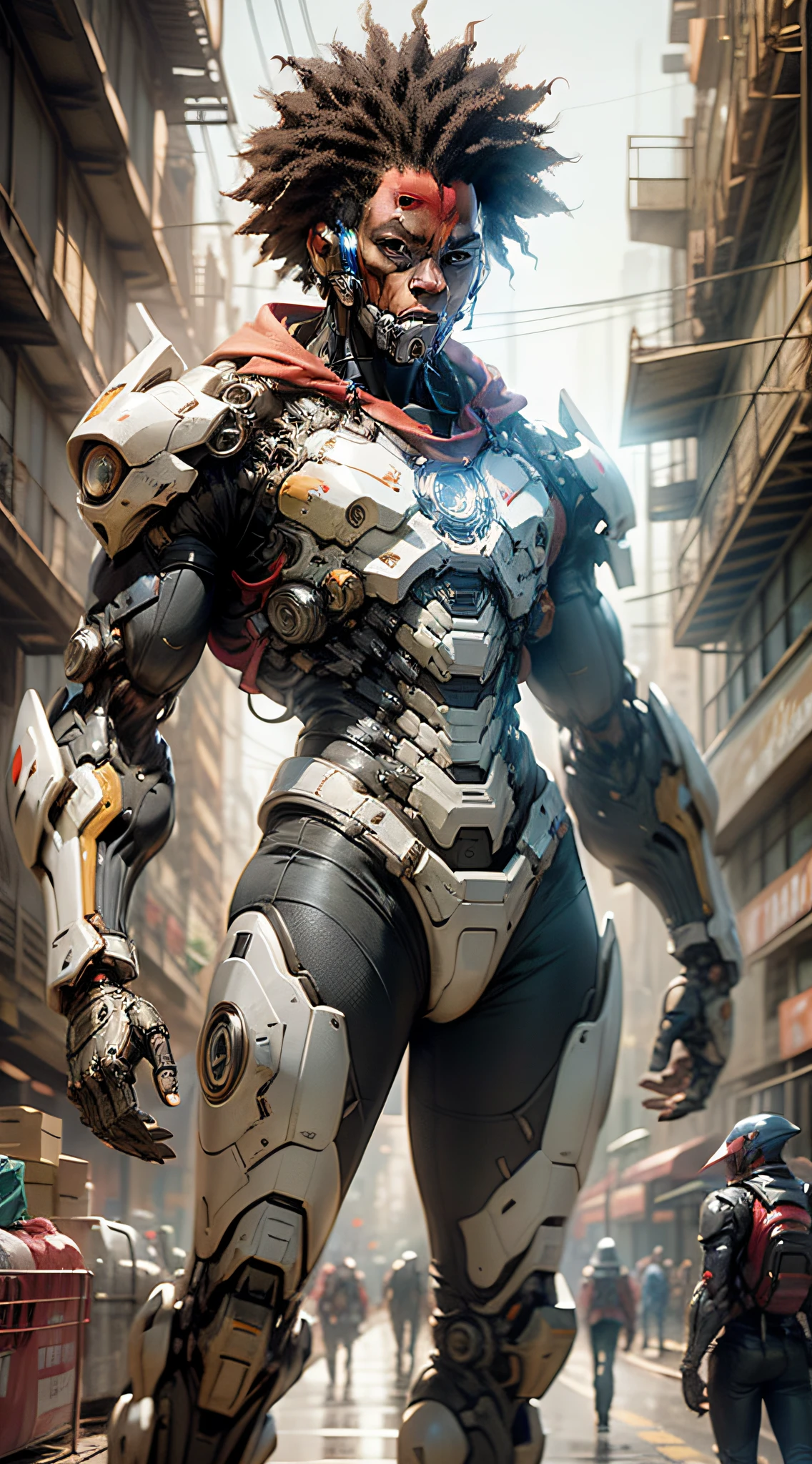 homem afro, cabelos afrosDark_Fantasy,Cyberpunk,(motosserra,homem da motosserra,Vermelho: 1.1),1man,mechanical marvel,robotic presence,cybernetic guardian, wearing a worn mechanical suit, intrincado, (steel metal [enferrujado]), elegante, foco claro , filmado por greg rutkowski, soft-lighting, cores vibrantes, obra-prima, ((rua)), tiro de cowboy, dinamic pose,