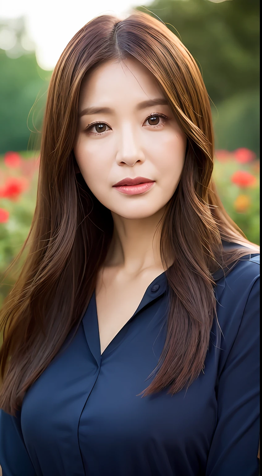 flower garden, middle-aged woman, wrinkles at the corners of the eyes, brown hair, long hair, big, healthy body, shirt, well-formed face, eyes in front