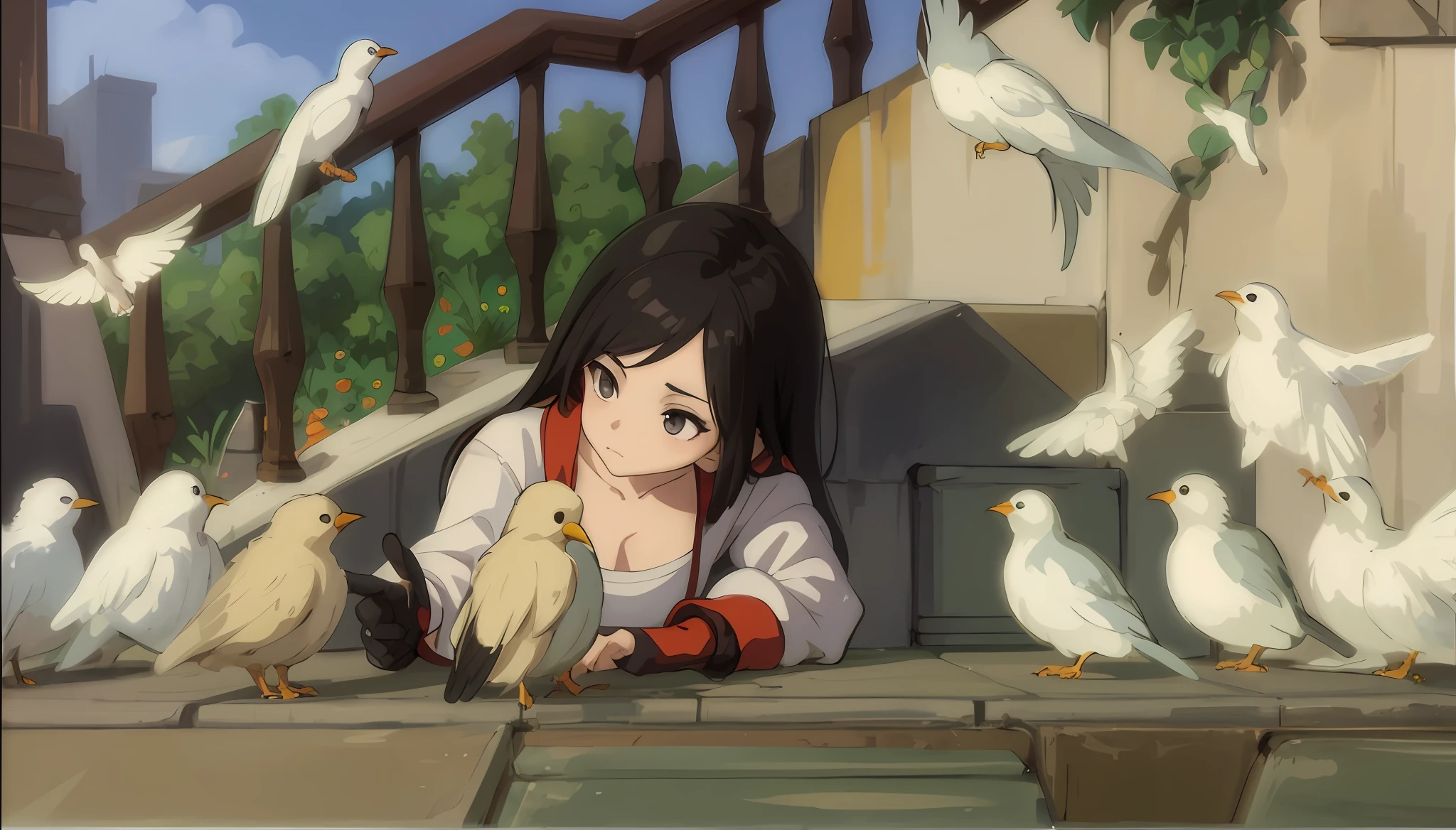 black eyes, Anime Girl with birds on her hand and stairs in the background, artwork in the style of guweiz, Guweiz, De Bravely Default II, made with anime painter studio, Style anime 4 K, guweiz masterpiece, painted in anime painter studio, Guweiz sur Pixiv Artstation, 4 k manga wallpaper, mage noir - cheveux . (Masterpiece : 1,8), 64k quality, final fantasy artwork concept, detailed manga eyes, detailed hair, detailed clothes, detailed body, cleaner designs, detailed face pronounced, shiny objects like jewels, see creases on clothes, more coherent clothing, more rounded eyes transparent liquid globular, more colors, more coherent clothing , correct the features of the clothes, better eyes contour, better shoulders, really colorful, coarser line, black line, finishing . (coarser line) (black line) (homogeneous rendering: 1.3)