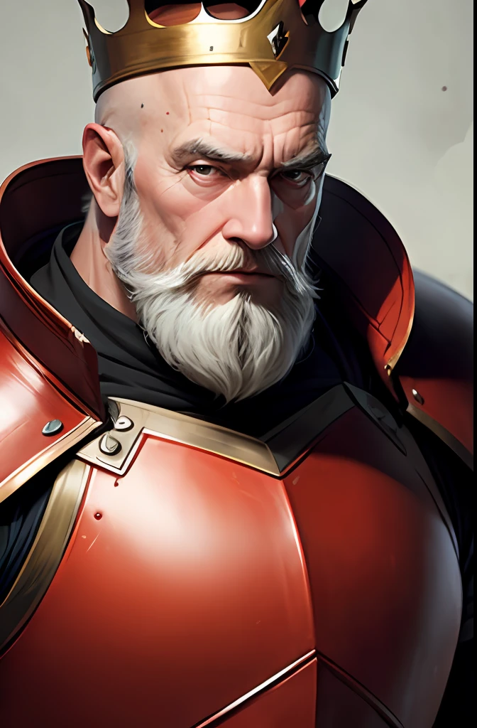 A bald old man with a beard wearing red armour and a crown
