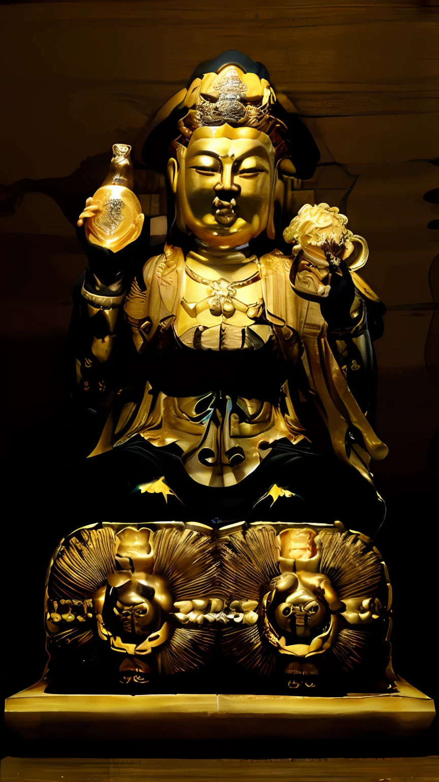 There is a statue of a man holding a bottle and a bottle, japanese god, God of wealth, inspired by Sesshū Tōyō, hotei is on the table, inspired by Kaigetsudō Anchi, shui mo hua, inspired by Hu Zaobin, asura from chinese myth