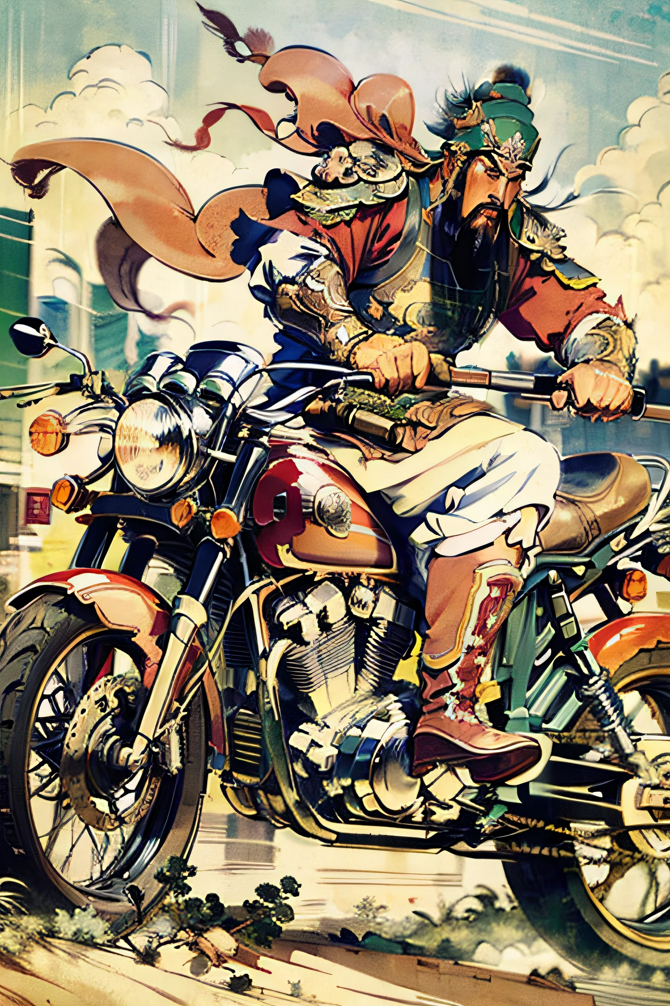 Comic style, HD quality, full body, perfect face, (eyes), Guan Yu, riding a red motorcycle, motorcycle,