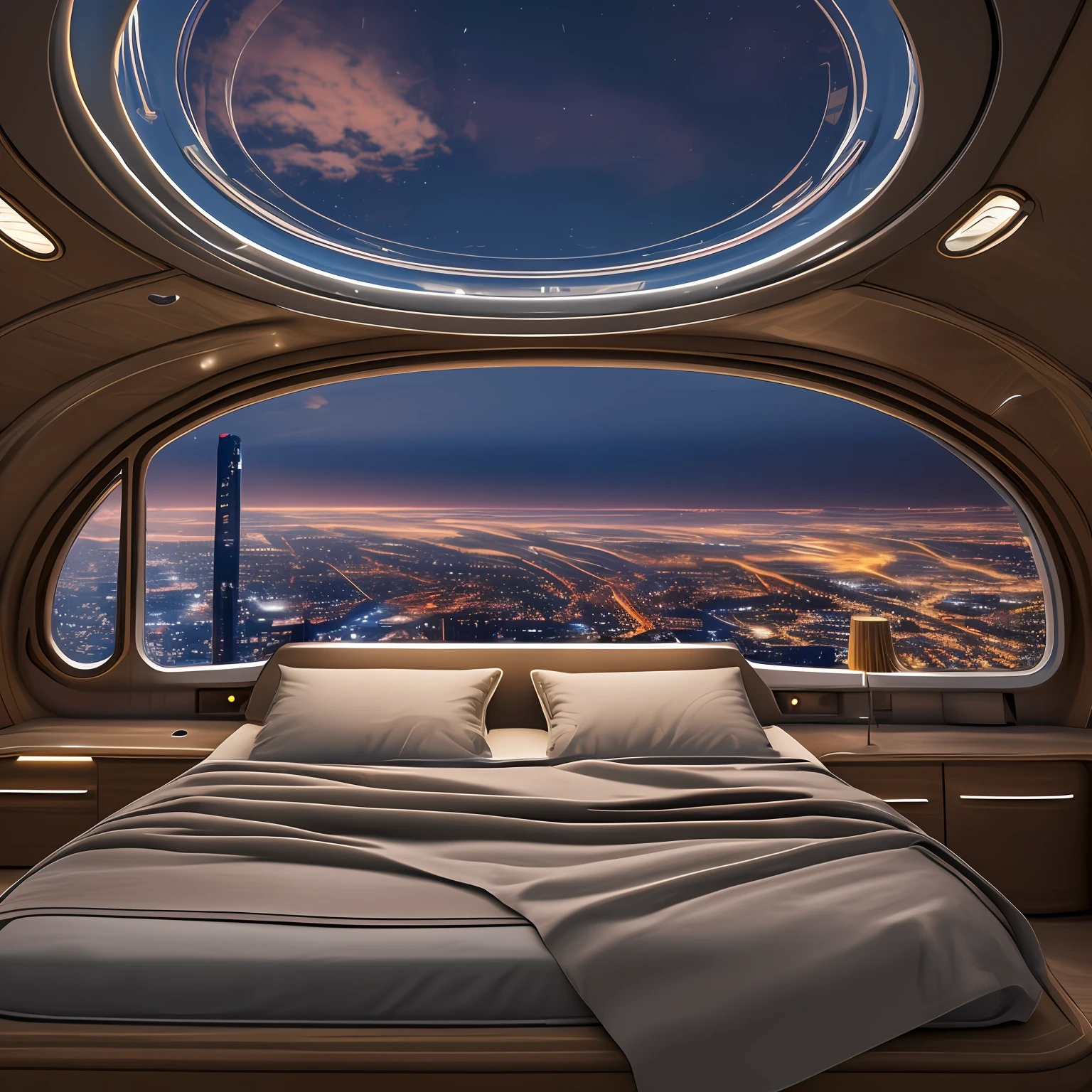 Interior view of an extra terrestrial ship, with a comfortable bed, with a large window seeing a city at night down there, realistic photo in 8K