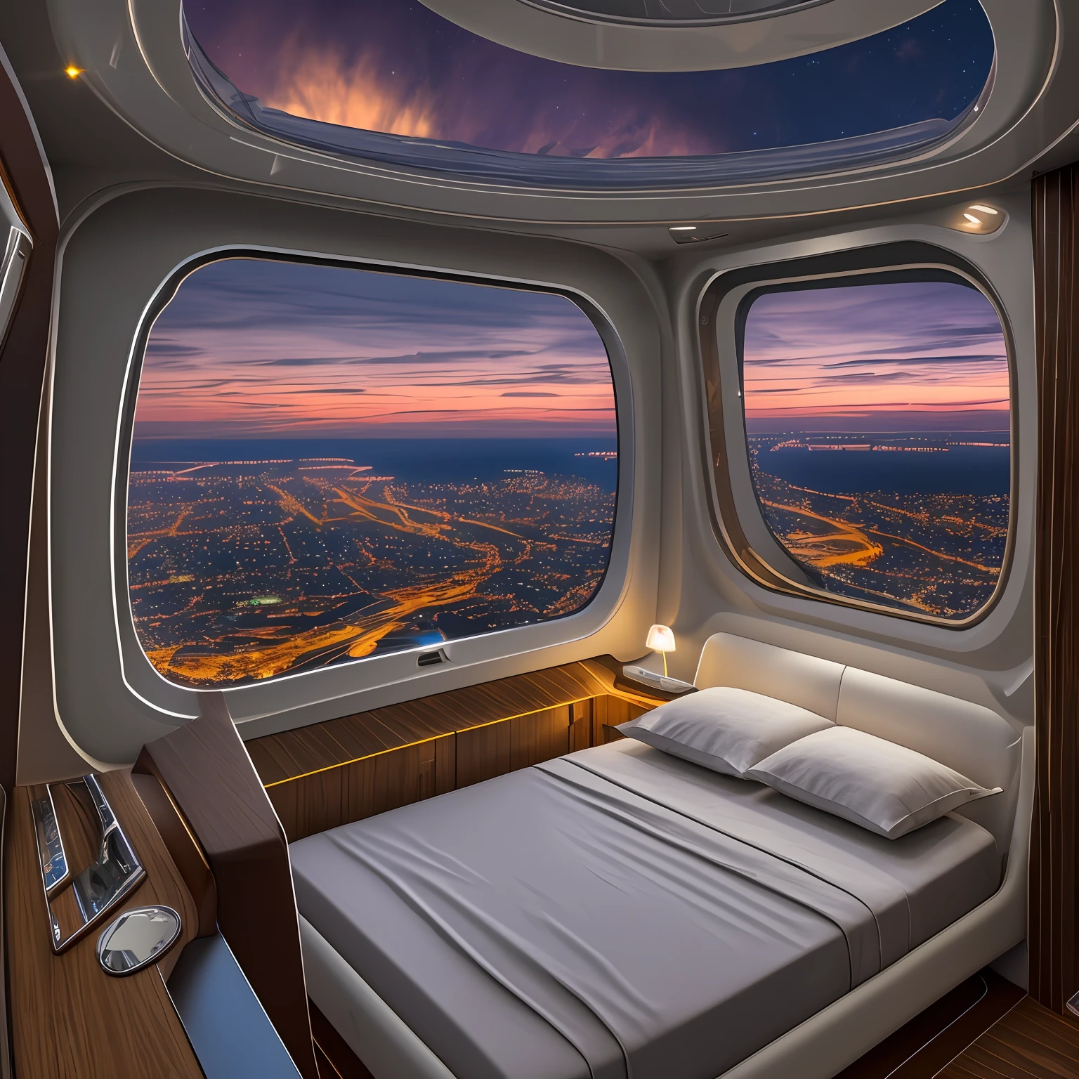Interior view of an extra terrestrial ship, with a comfortable bed, with a large window seeing a city at night down there, realistic photo in 8K