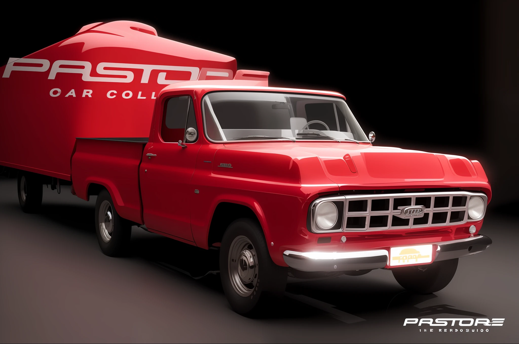 Red truck parked in a showroom with a logo on the wall, insanamente detalhado c 10.0, 1961", c 10.0, Greg Rutkowski - C 1 0, Restomod, vibrante - c 10, Forma perfeita, vermelho cromado, 1970', pristine and clean, realista ", realista", oxidado, studio lighting, 4k,ultra-detalhado, fotorrealista