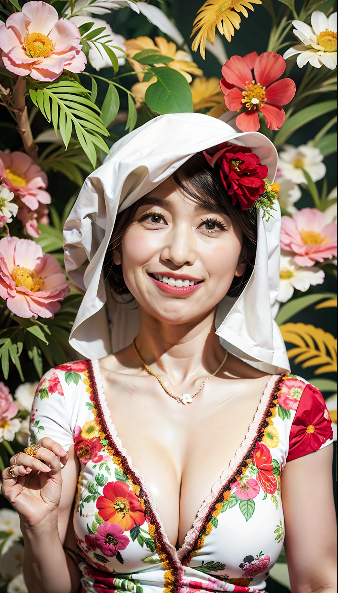 (flat-colors:0.9),(colourfull:1.1),(masterpiece:1,2), top-quality, masterpiece, hight resolution, Original, highly detailed wallpaper, Viewer's Perspective,Solo,portlate, ((A MILF))、55 years old、Mature Woman Body Set、Exposing breasts、showing teeth、Detailed tongue、Detailed mouth、Staring at this、Floral background、((marriage ring))、