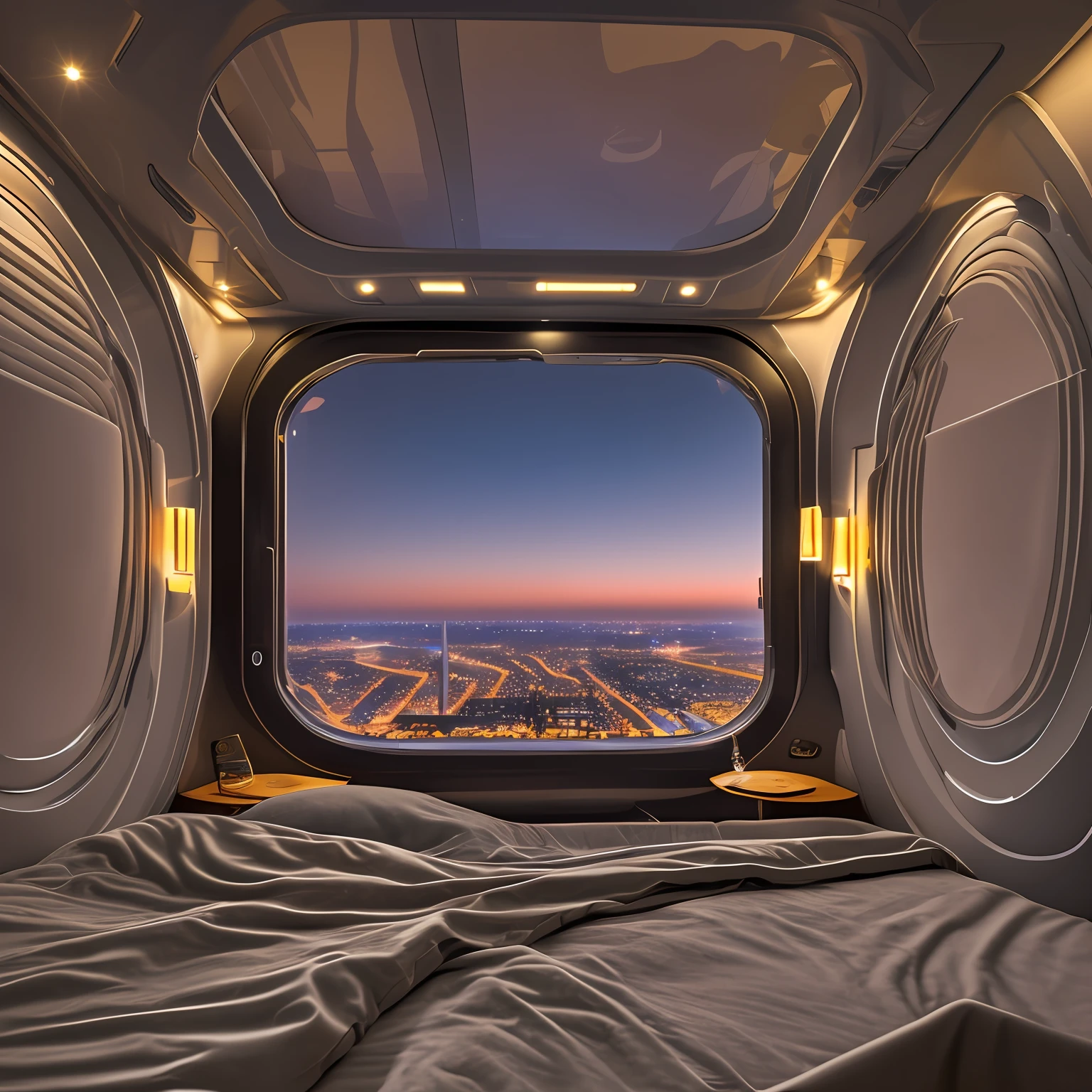 Interior view of an extra terrestrial ship, with a comfortable bed, with a large window seeing a city at night down there, realistic photo in 8K